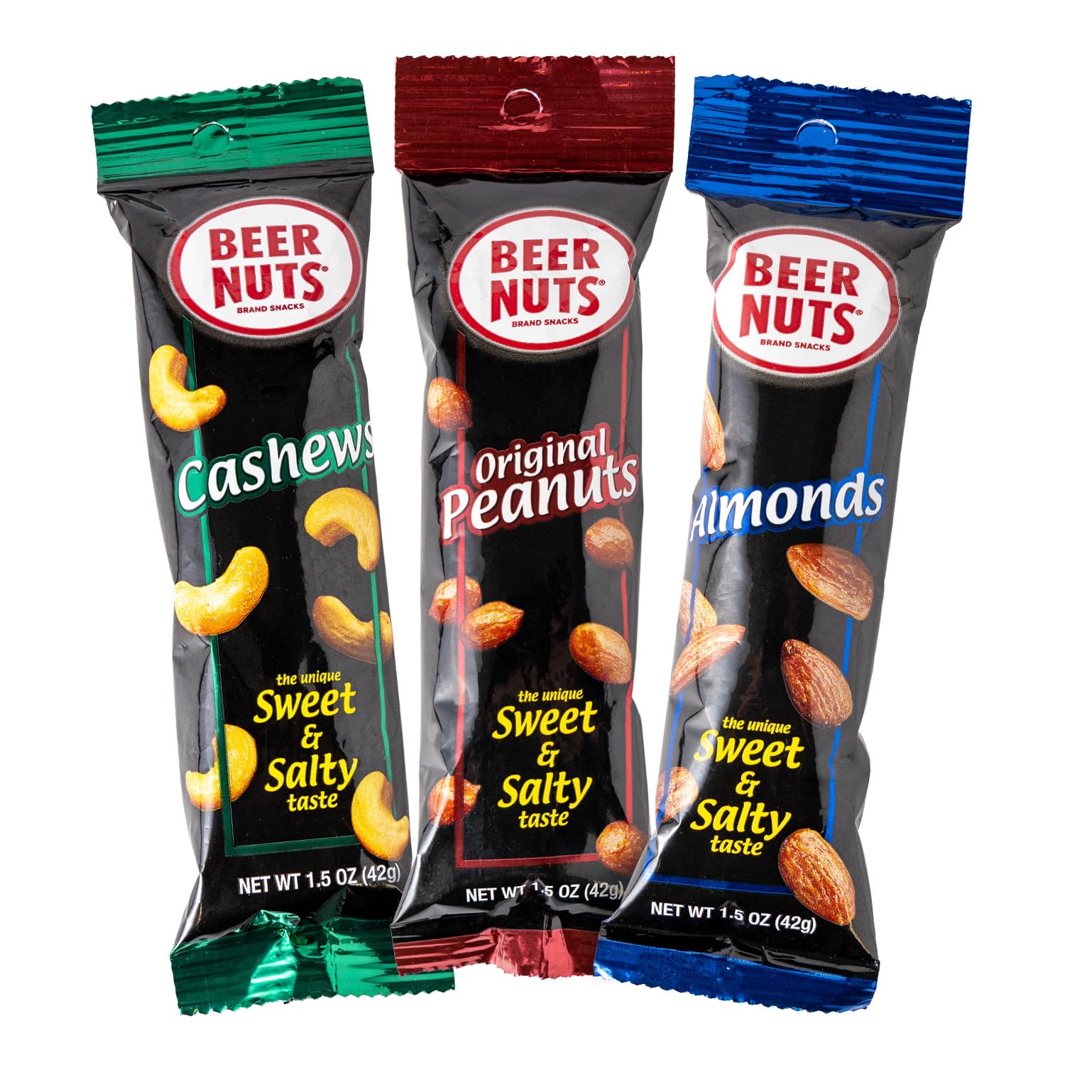 Beer Nuts Variety Packs, Individually Packed Tubes, Original Peanuts, Cashews, Almonds, Fiery Peanuts, The Unique Sweet and Salty Flavor, American Made Since 1953 (30 Counts, Peanuts, Cashews, Almonds)
