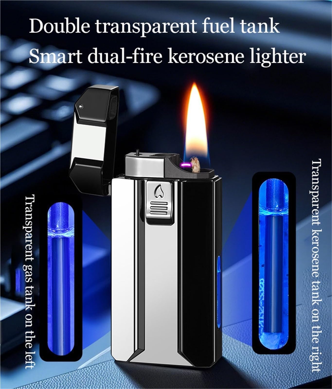 Encendedor de doble llama: butano y queroseno recargable, llama de chorro/suave, tanque de combustible visible, diseño de metal duradero, perfecto para el uso diario
