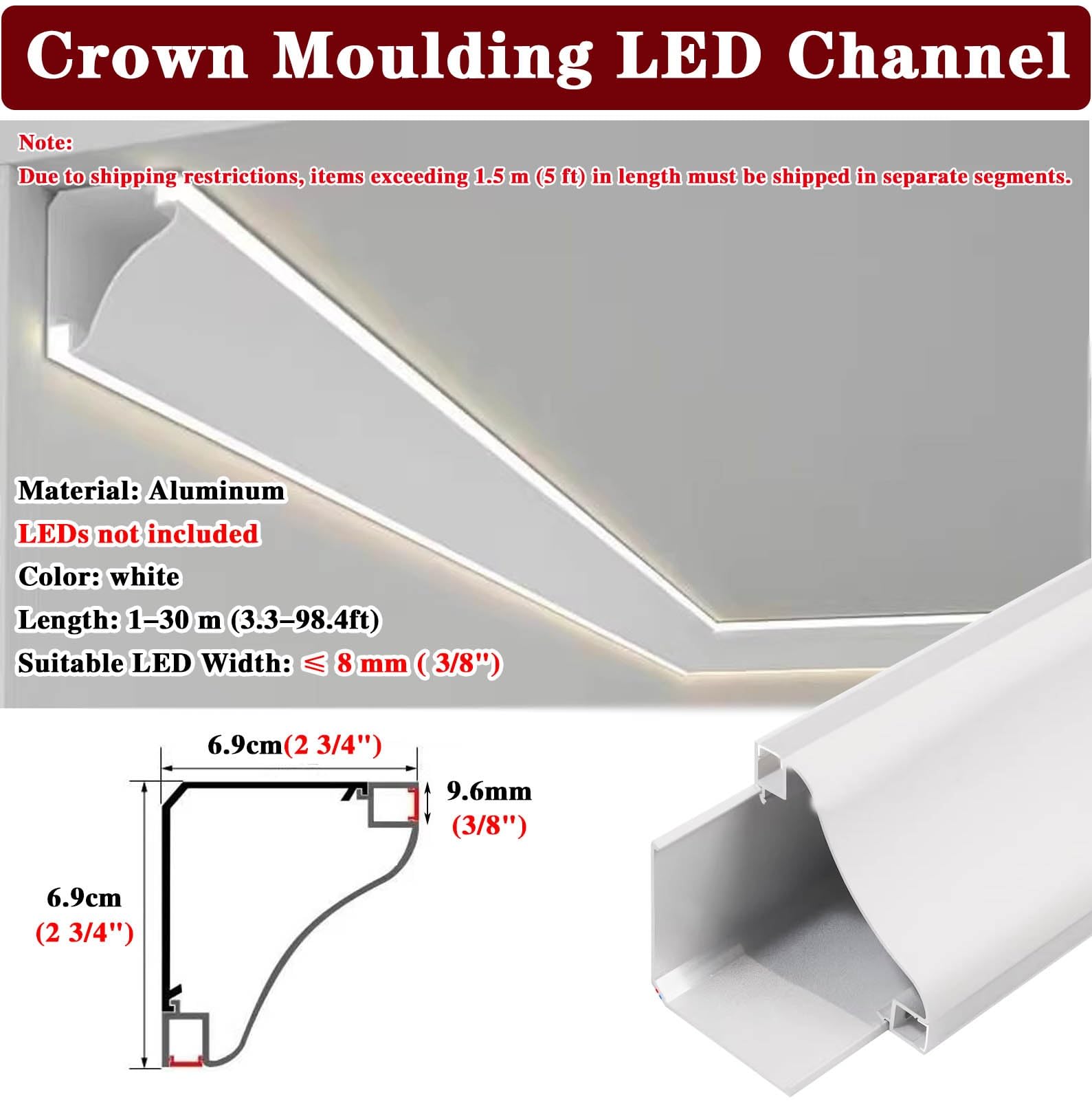 Led Profile Listwa Wnękowa z Oświetleniem Pośrednim LED, Aluminiowy Gzyms Ścienny/sufitowy z Mleczną Osłoną, Podwójna Obudowa Dyfuzora LED do Salonu I Przedpokoju(16.4ft(5 m))