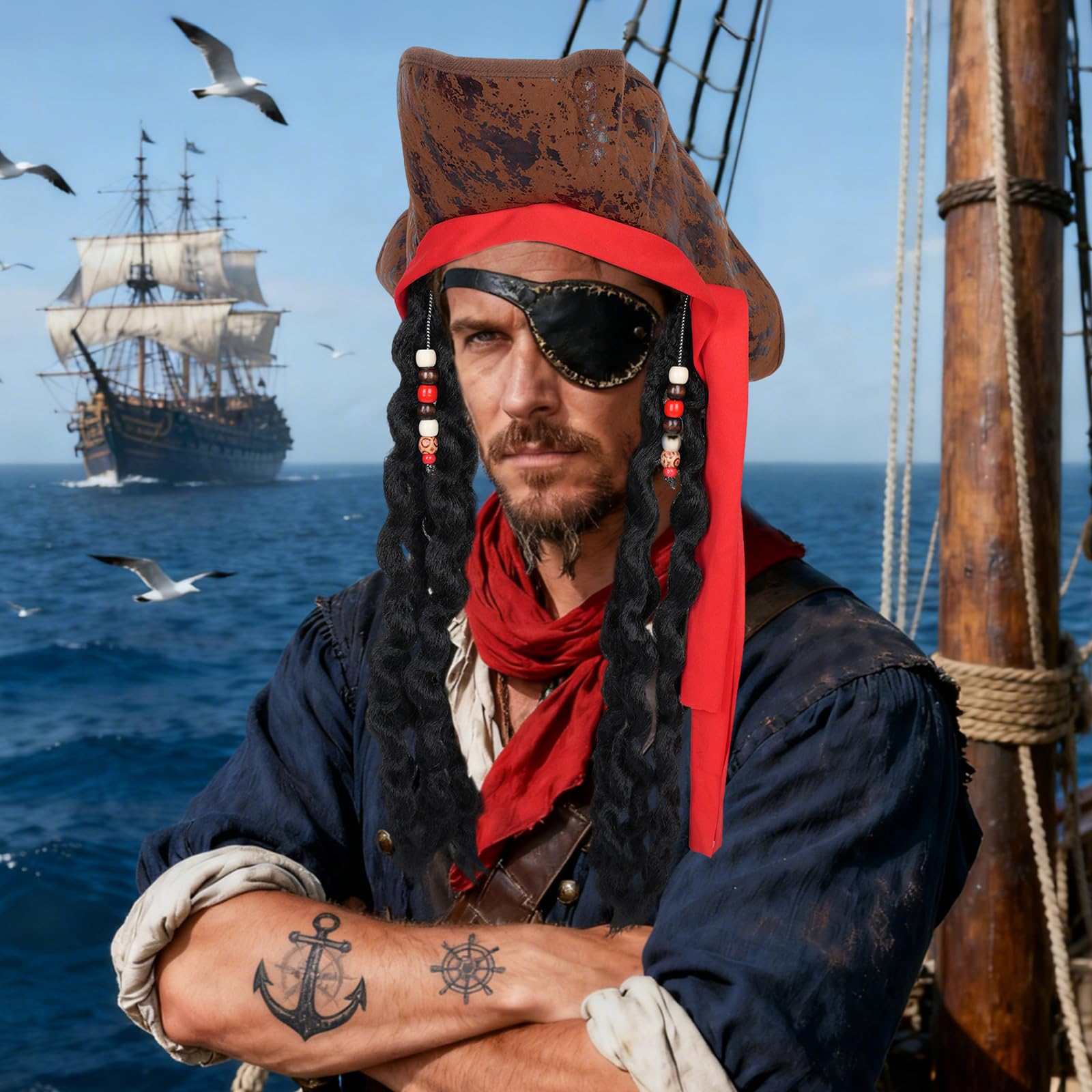 Alaoo Kit Accessori Pirata, Capitano Pirata Costume Accessori, Accessori Costume da Pirata con Cintura Bandana da Pirata, Accessori per Costume da Pirata per Halloween Carnevale Festa