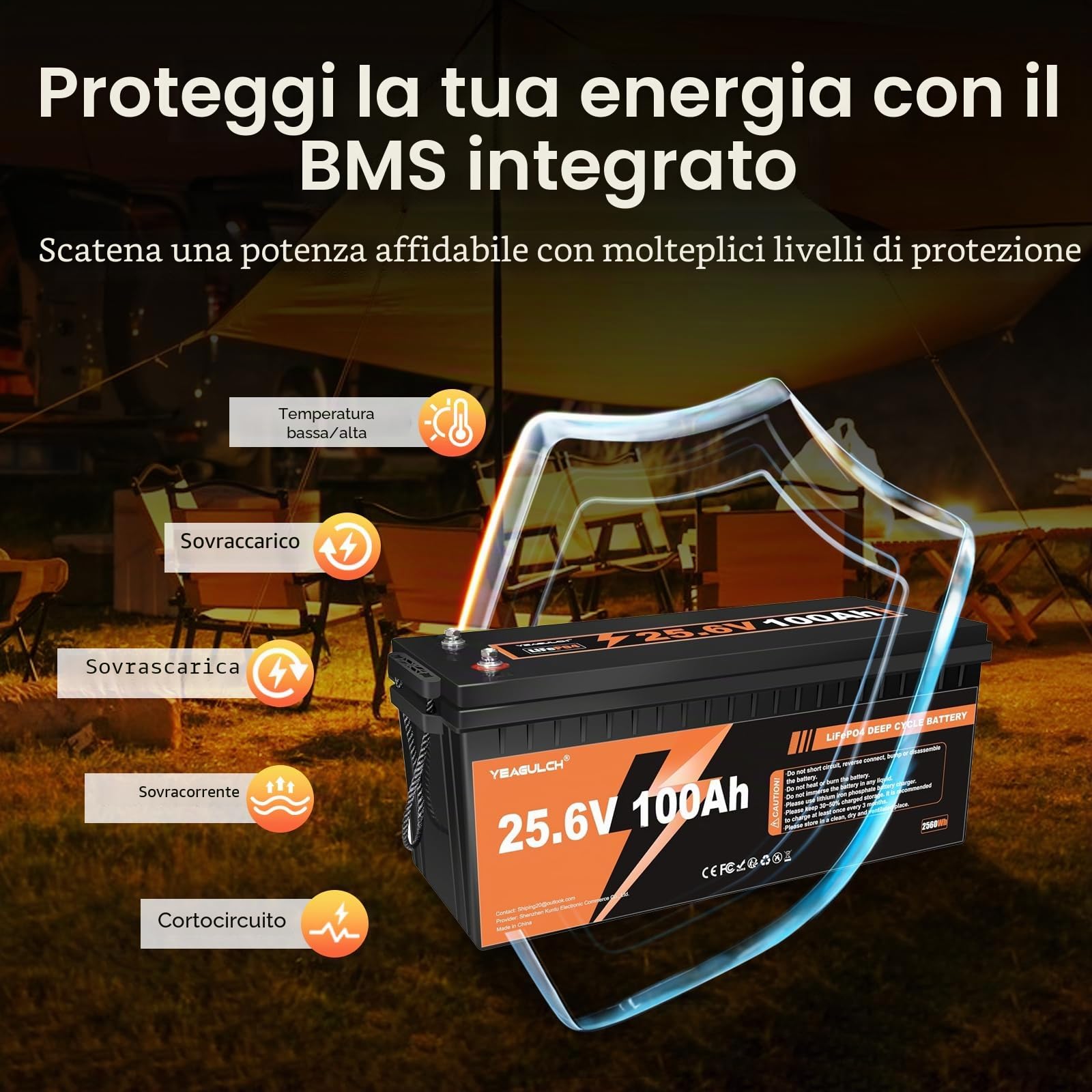 Yeagulch 24V 100Ah - Batteria al Litio LiFePO4, BMS 100A, 2560Wh | 15000 Cicli, Protezione da Basse Temperature, Ideale per Solare, Casa e Off‑Grid