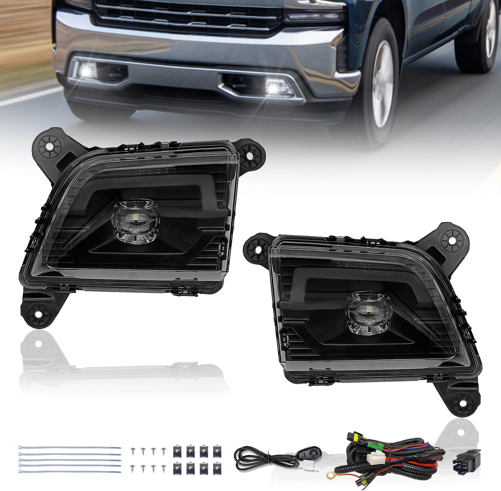 LED Fog Light Compatible With 2019 2020 2021 2022 Chevy Silverado 1500 Front Fog Lamps With Clear Lens, Black Housing And Switch & Wiring Kit(Passenger & Driver Side)