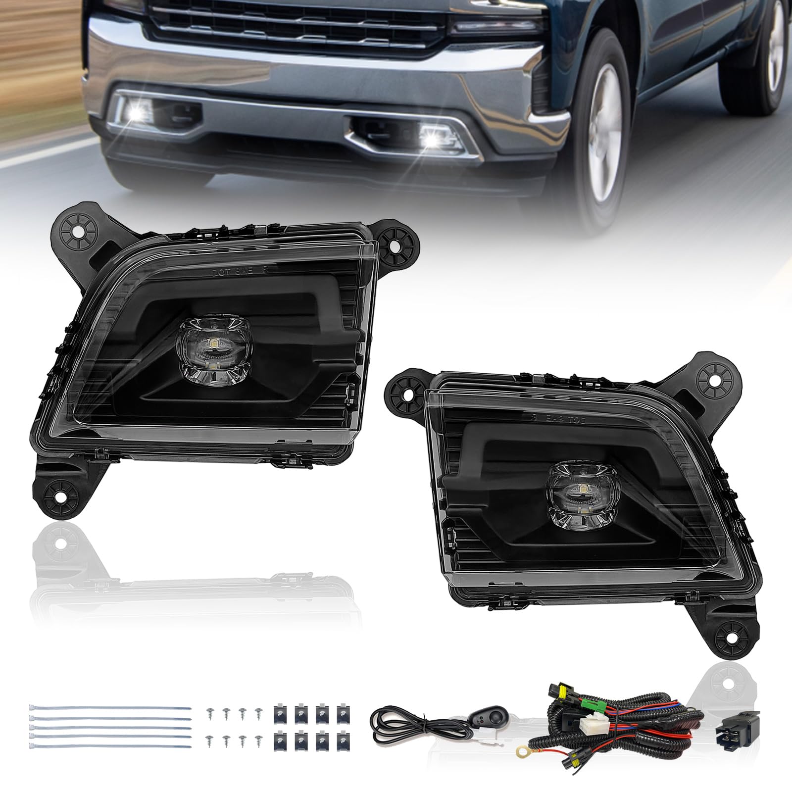 LED Fog Light Compatible With 2019 2020 2021 2022 Chevy Silverado 1500 Front Fog Lamps With Clear Lens, Black Housing And Switch & Wiring Kit(Passenger & Driver Side)