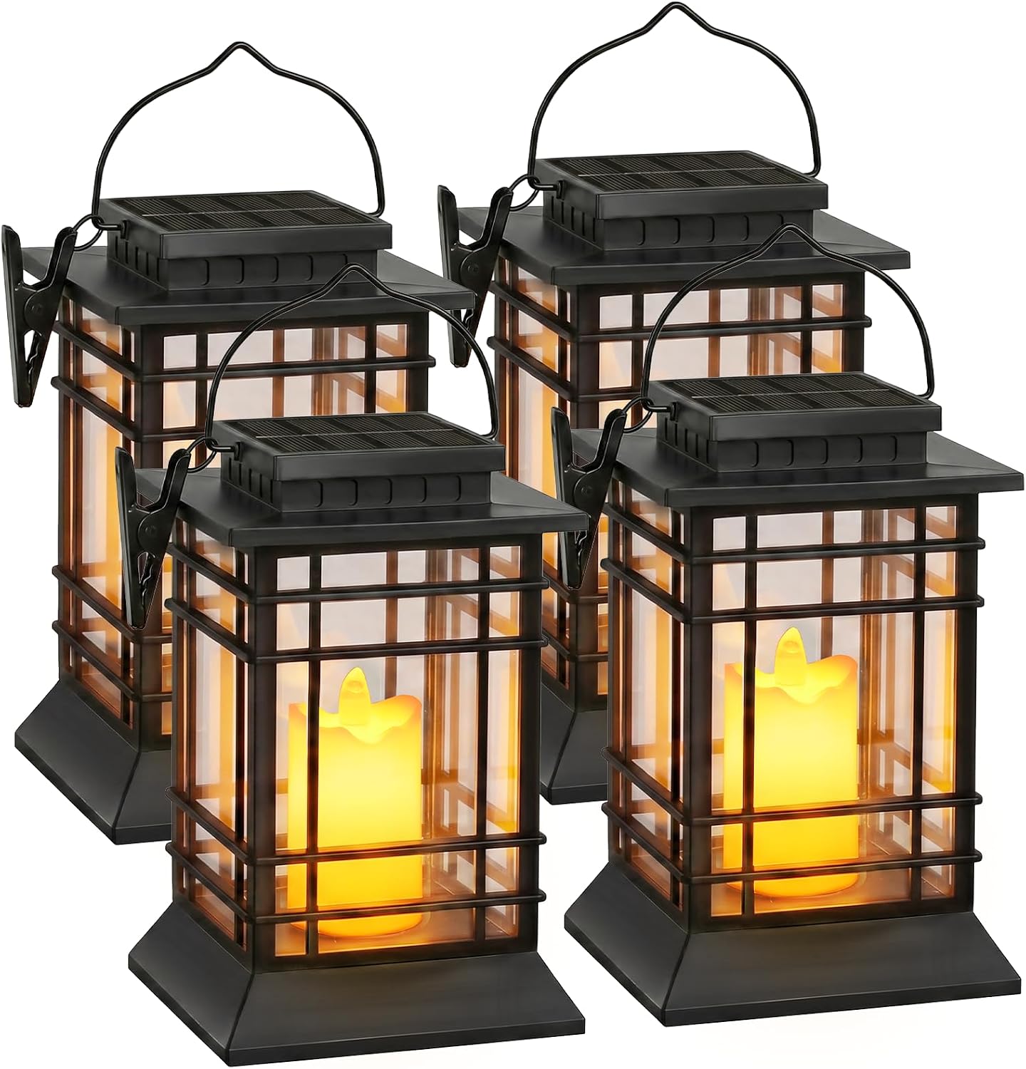 Brightever 4-Pack Solar Lanterns Outdoor Lights, Hanging Solar Lights for Outside, IP65 Waterproof LED Flickering Flameless Candle Mission Lights for Garden Yard Front Porch Path Tree Table Decor