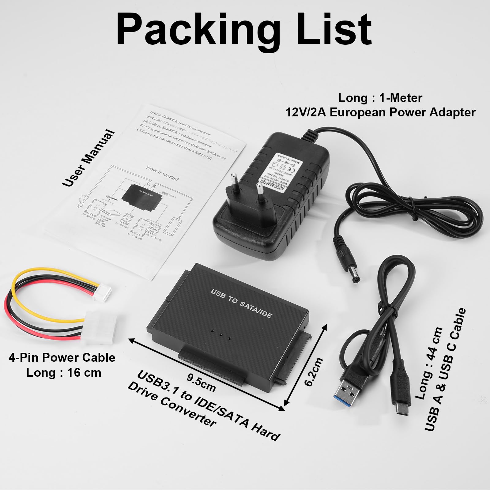 6Gbps USB3.1 a SATA IDE Adattatore per Disco Rigido Convertitore SATA&IDE, Adattatore USB3.1 IDEeSATA per Unità HDD o SSD da 2,5 e 3,5 Pollici, CD-ROM, CD-RW, DVD-RW
