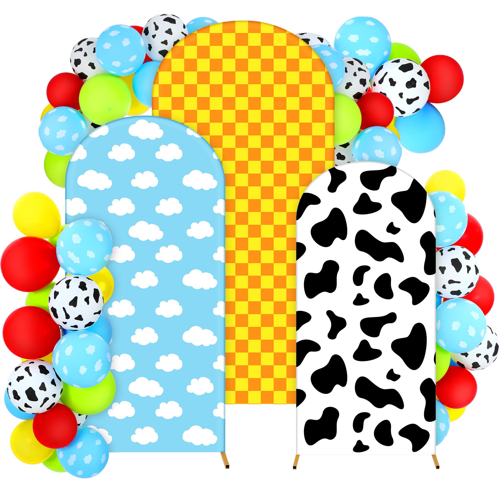 Foilswirl 34 Pieces Toy Themed Birthday Party Decorations Arch Backdrop Covers 4ft 5ft 6ft Spandex Arch Backdrop Cover Cow Blue Sky Cloud Print Balloons Inspired Birthday Cartoon Themed Party Decor