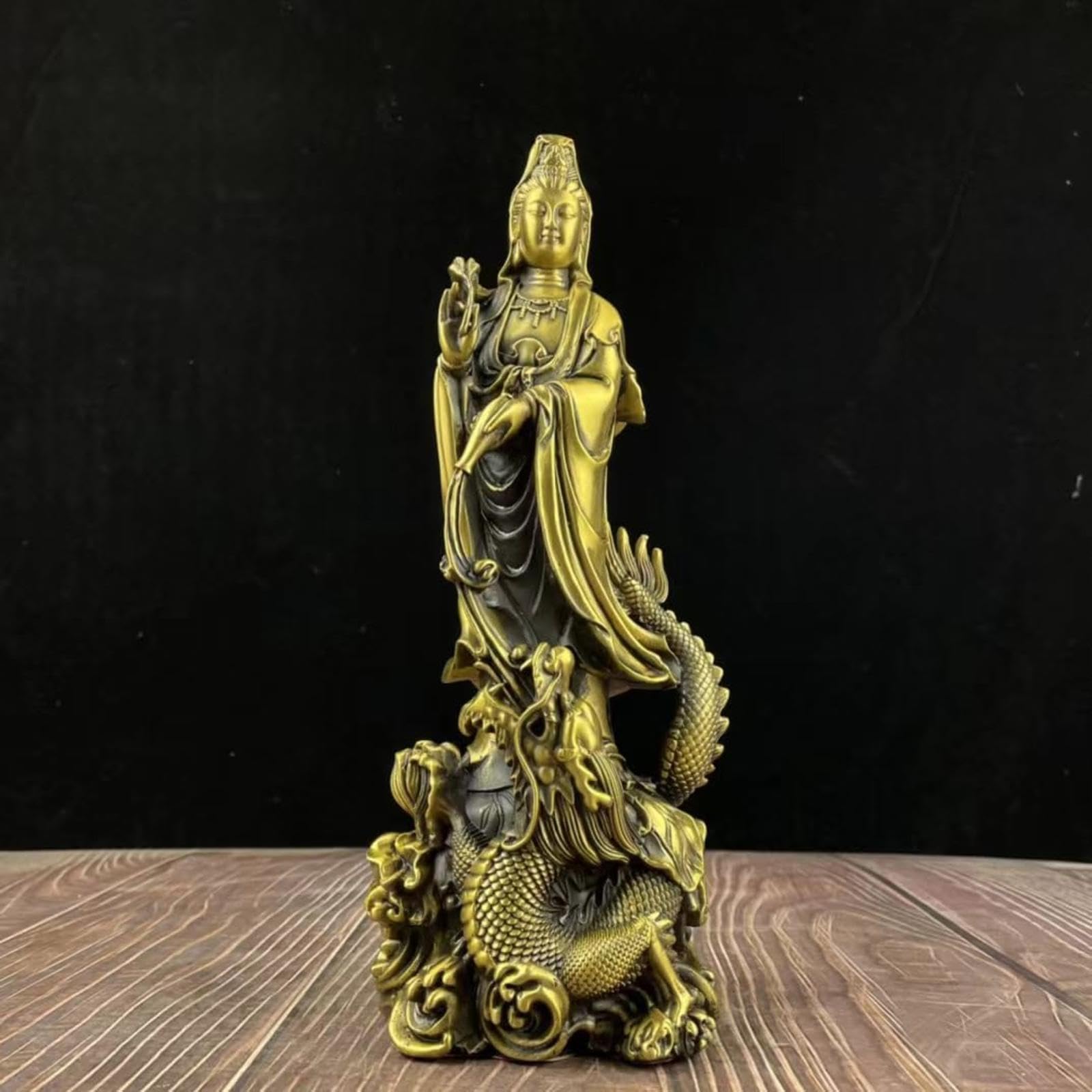 Statue de Kuan Yin Statue de Guan Yin chevauchant Un Dragon Chinois - Figurines de Collection en Laiton - Sculpture de la déesse de la miséricorde et du Dragon Chinois Feng Shui, Petite