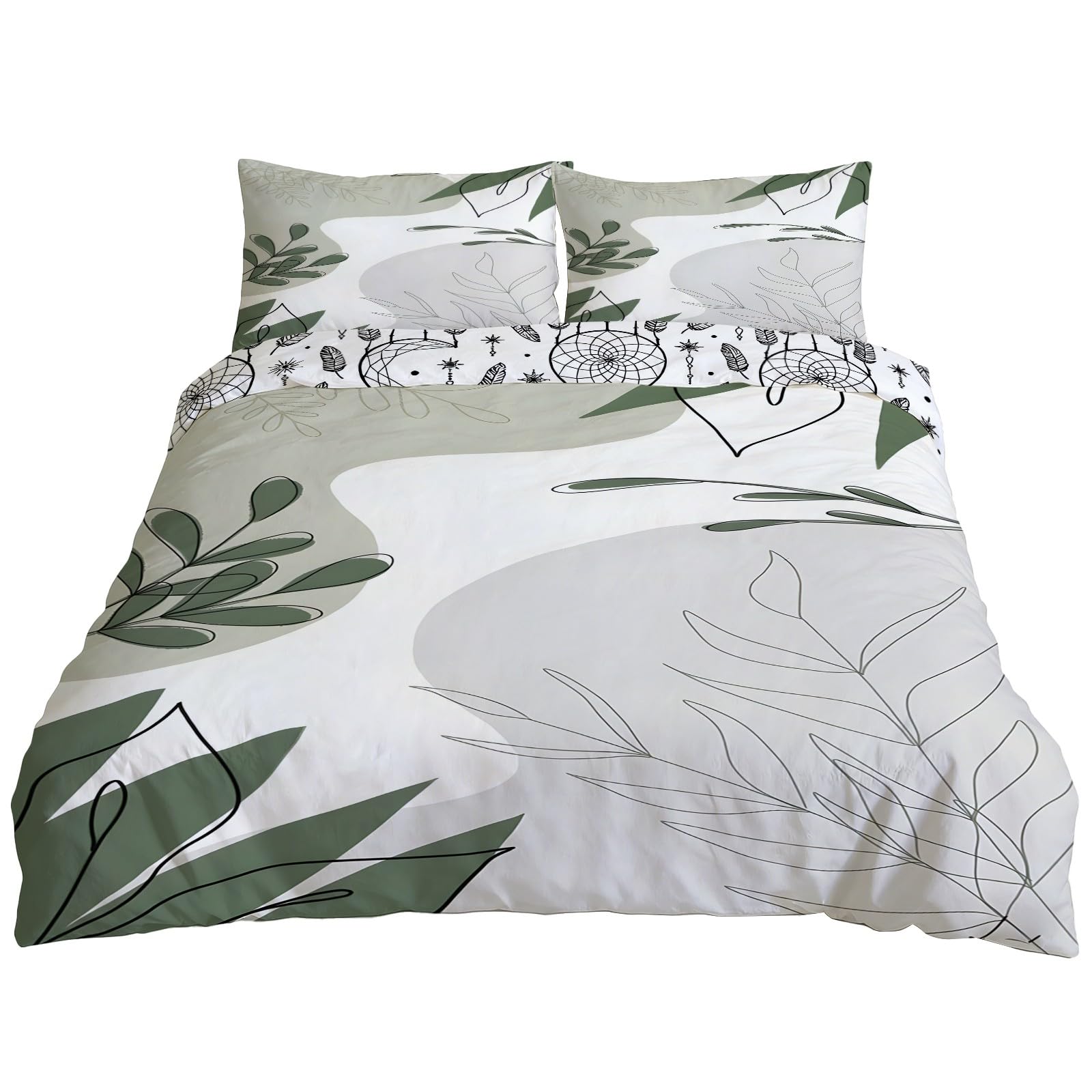 Housse de couette 240x220 cm avec 2 taies d'oreiller motif plantes minimalistes vert