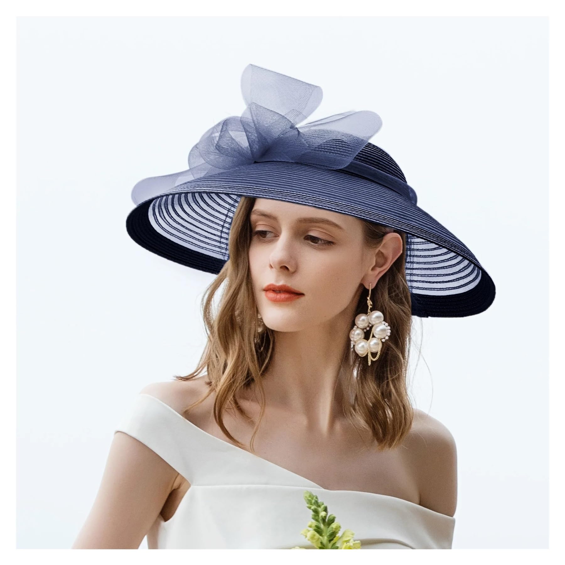 Chapeau De Mariage Elegante Cappello da Cerimonia del tè Kentucky, Bianco, for Donna, a Tesa Larga, Stile Fedora, for Abito Chiesa(Deep Blue)