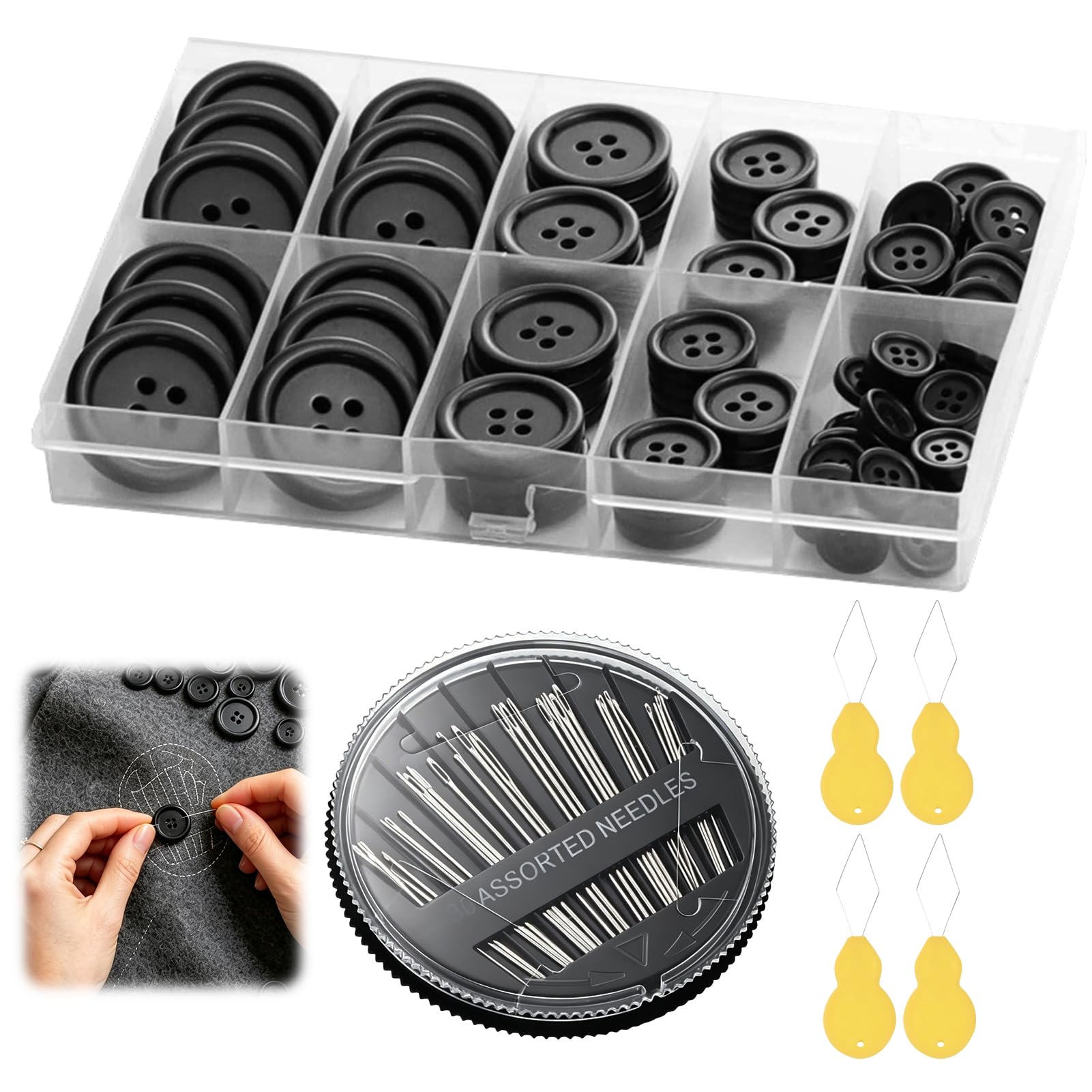 100 Pcs Black Buttons Sewing Kit with 30 Sewing Needles & Needle Threaders