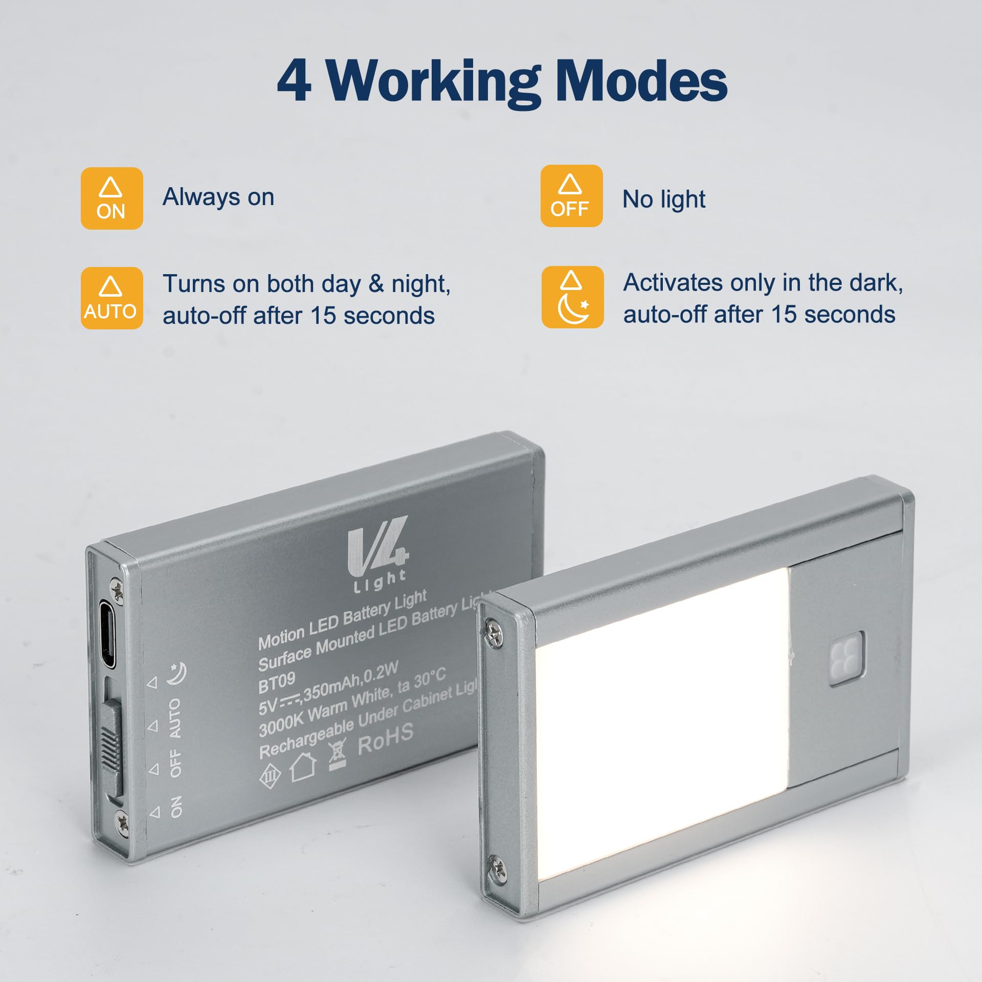 V4light Luci notturne ricaricabili con sensore di movimento, confezione da 8, in lega di alluminio verniciato grigio, supporto magnetico ultra compatto, luce bianca calda 3000 K, ideale per corridoi