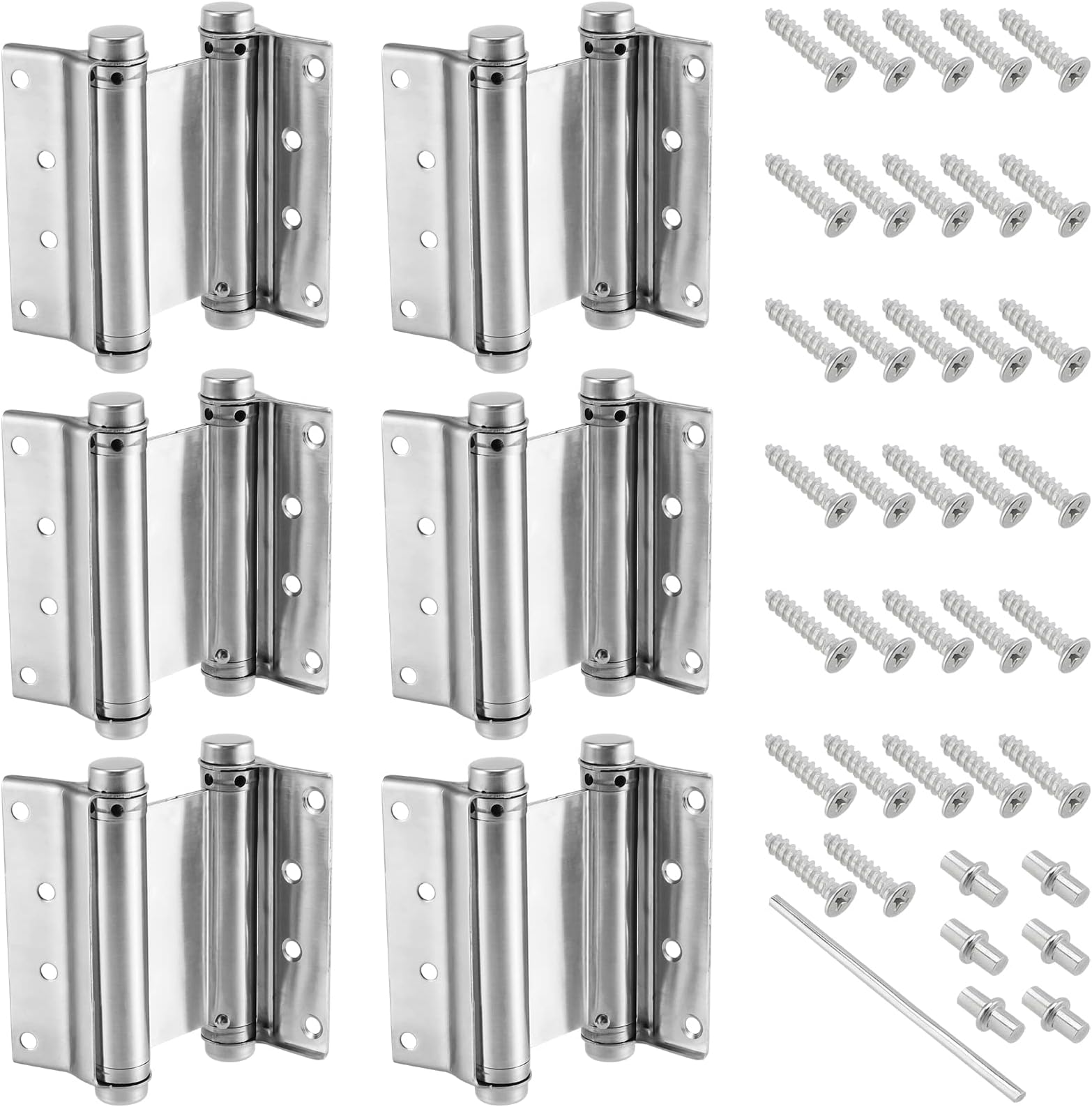 KEILEOHO 6 PCS 4 Inch Double Action Spring Hinges, Stainless Steel Spring Loaded Hinge with Screws, Heavy Duty Self Closing Swinging Hinge Adjustable Saloon Door Hinges for Cafe, Pub, Home, Silver