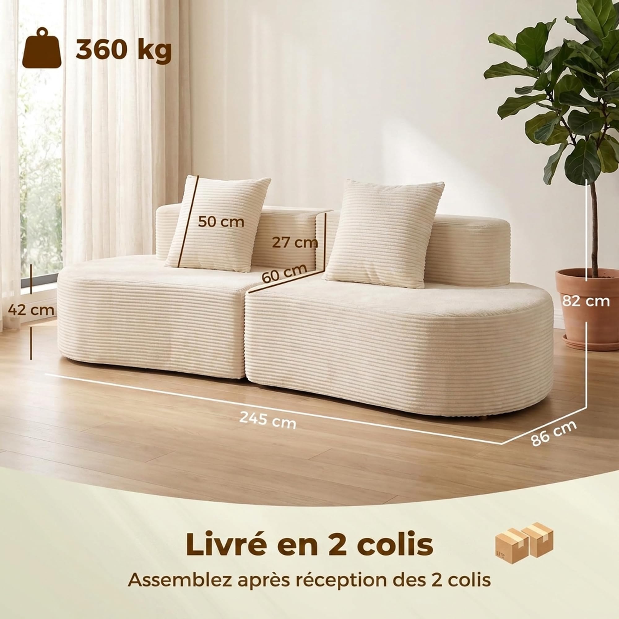 HOMCOM Canapé 3 Places Incurvé Velours Côtelé 245cm Compressé sans Montage