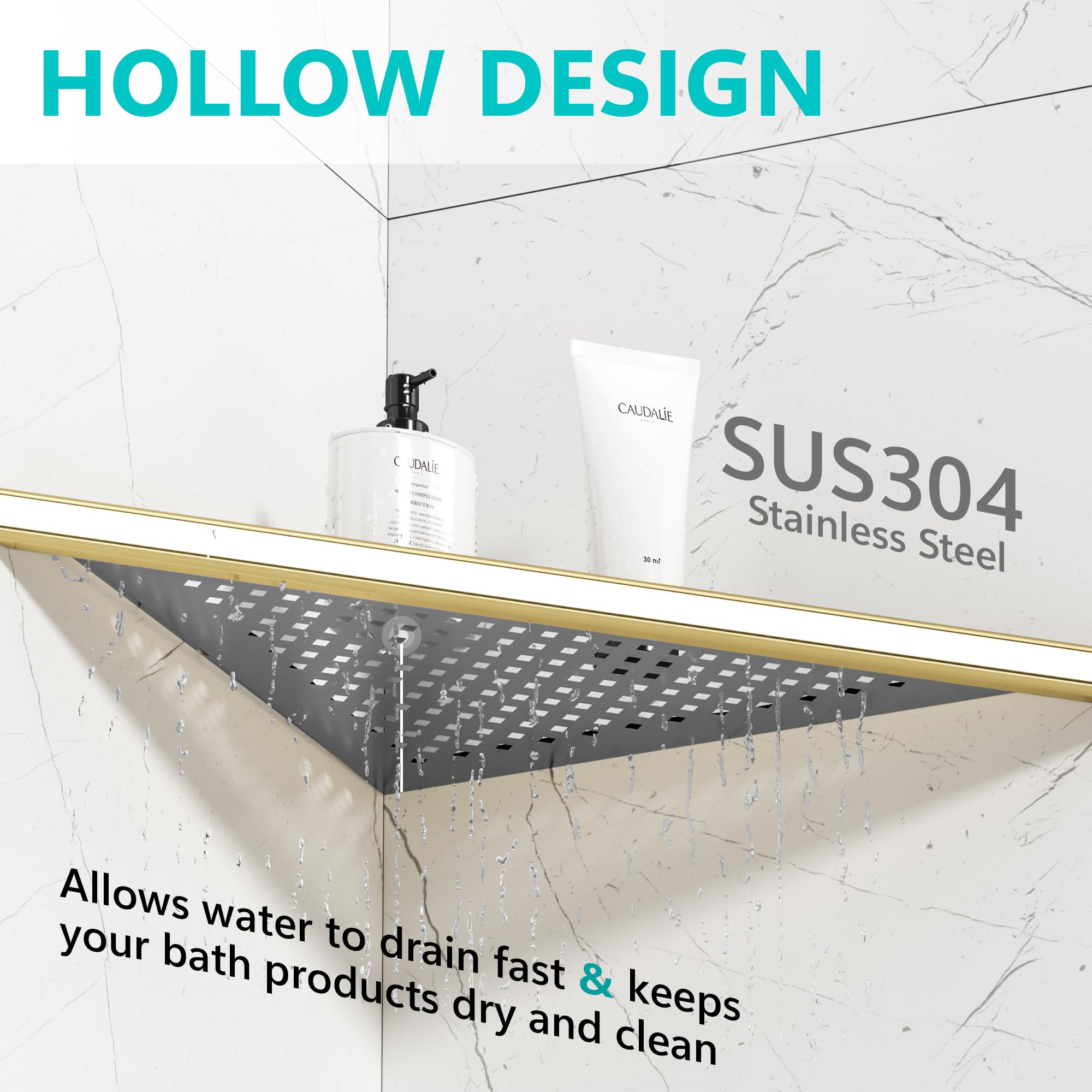 Qeke Estante esquinero de baño, empotrado de 12 pulgadas, estante de ducha de acero inoxidable SUS304 triangular para montaje en pared, sin taladrar, dorado cepillado