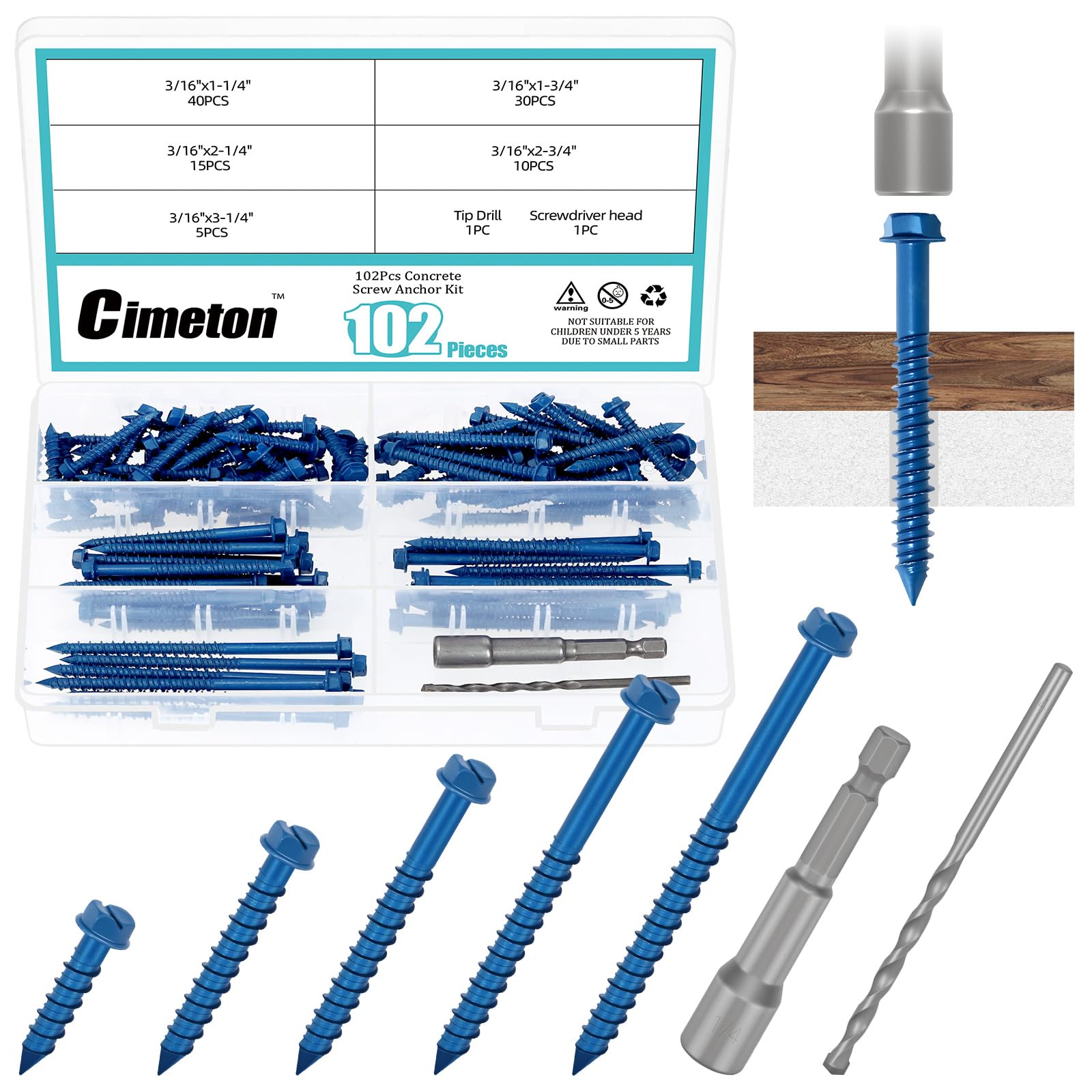 Cimeton 102PCS 5 Sizes 3/16” Blue Slotted Hex Washer Head Concrete Screws Anchor Self Tapping Cement Screws with Drill Bit Assortment Kit for Anchoring to Masonry Block Brick