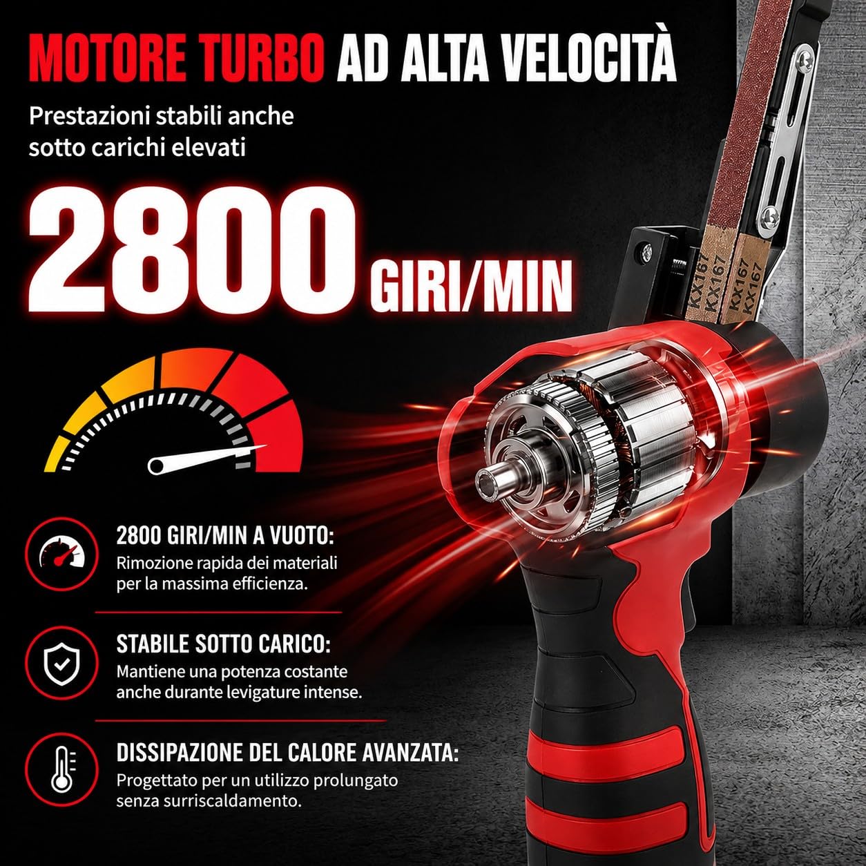 Mini Levigatrice a Nastro a Batteria 24V 10x330mm 360° con 2 Batterie 10 Nastri Abrasivi per Metallo Legno