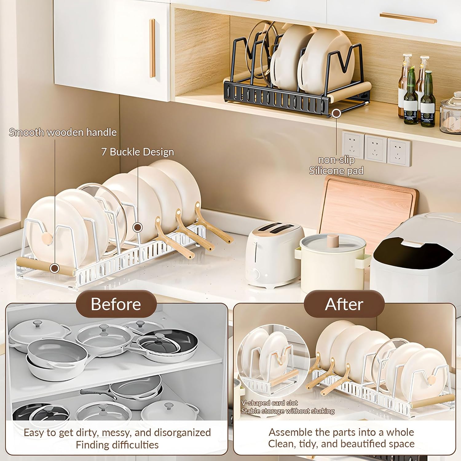 Lid Organizers Inside Cabinet, Expandable Pot Lid Organizer Holder With 6 Adjustable Dividers, Extension And Contraction Total Length 31-57.5cm (White, 6 Dividers)
