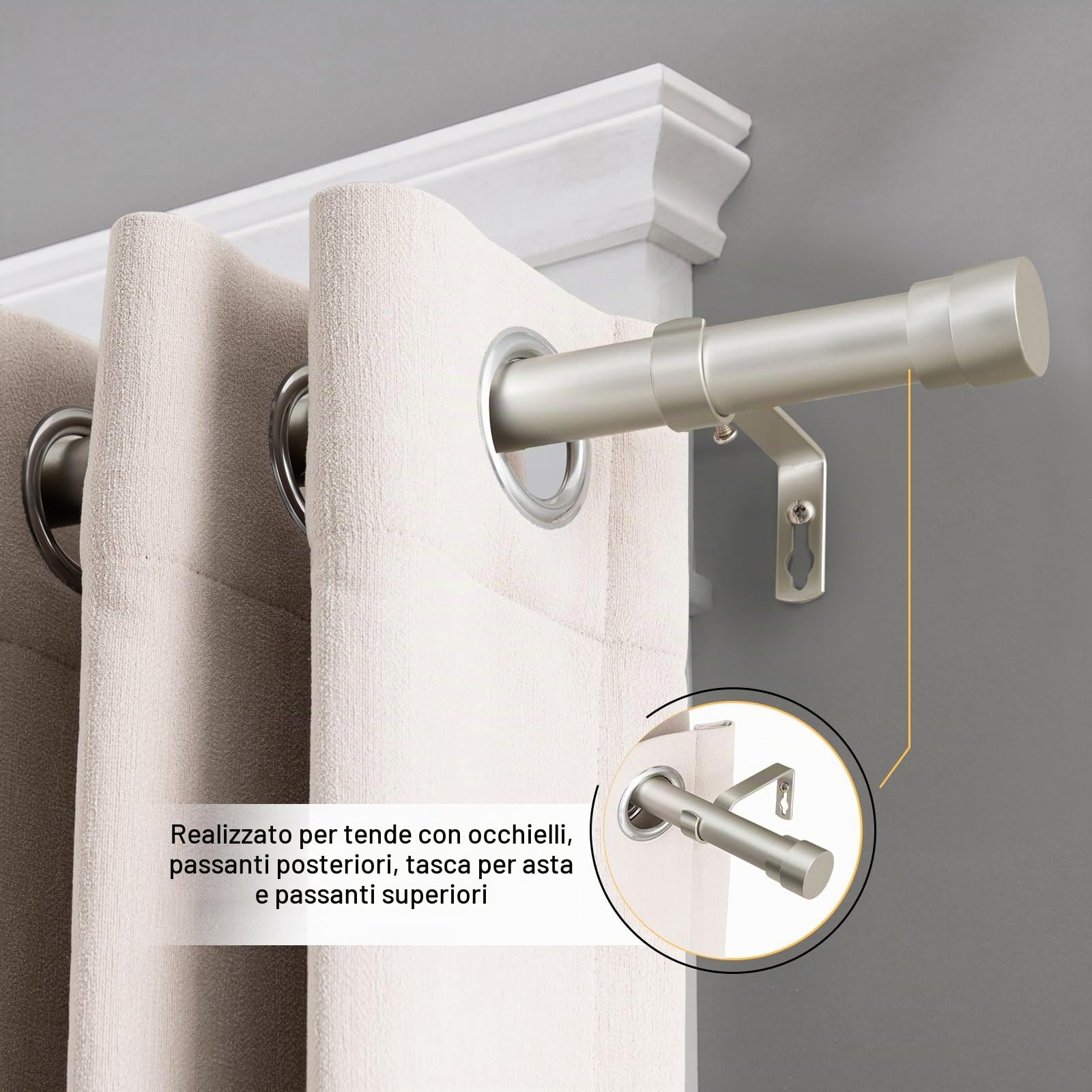 BellaHills 1 Pezzi Bastone Tenda Estensibile, 76-349 cm Aste per Tende per Finestra con Coperchio e Staffe Set, Bastone per Tende Regolabile di Diametro 25 mm per Camera da Letto, Nichel