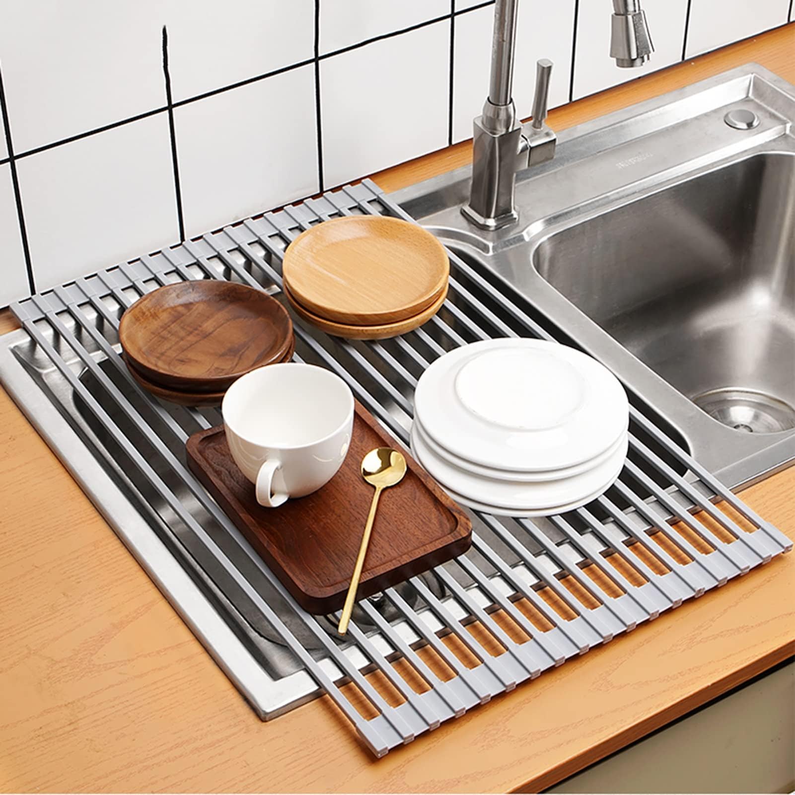 Multi-Use Roll up Dish Drying Rack Over The Kitchen, Drying/Draining Silicone Covered Dish Racks, Anti-Slip Durable Sink Drying Rack (Size : 33 * 52cm/12.99 * 20.4in) tool ( Size : 24*52cm/9.44*20.4in