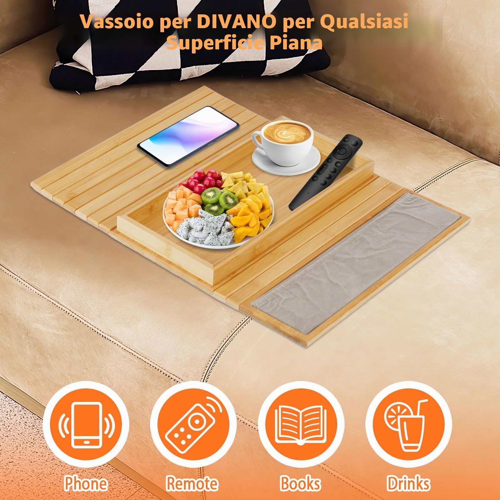 Vassoio per divano in bambù organizer per braccioli pieghevole con tasca laterale, organizer per comandi per bevande e snack, sottobicchiere per braccioli -Base antiscivolo