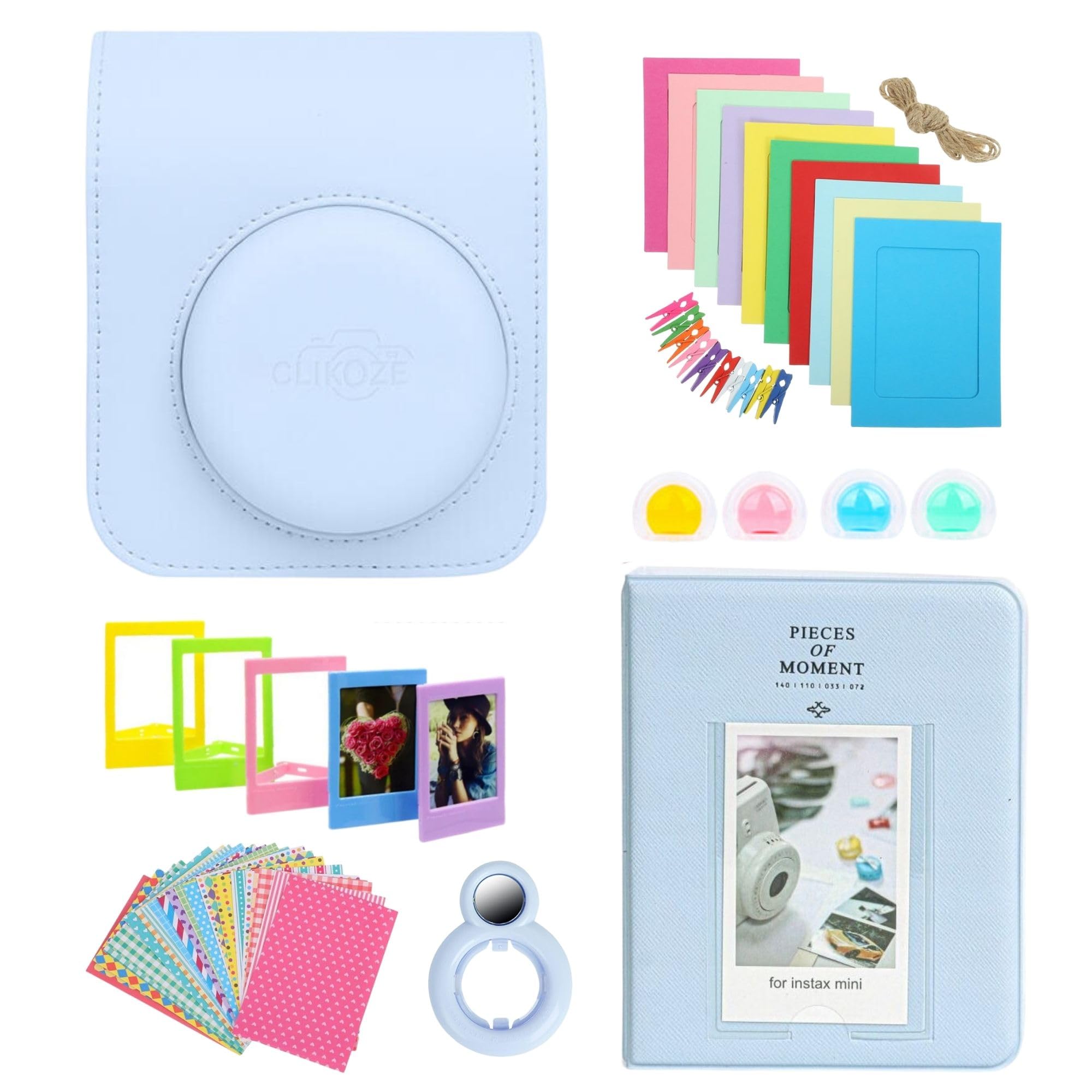 Clikoze Blue Instant Camera Accessories Bundle - Includes Camera Case Compatible With Fujifilm Instax Mini 12, Mini Album Book, Selfie Mirror, Film Stickers X20, Colour Filters And More (Pastel )