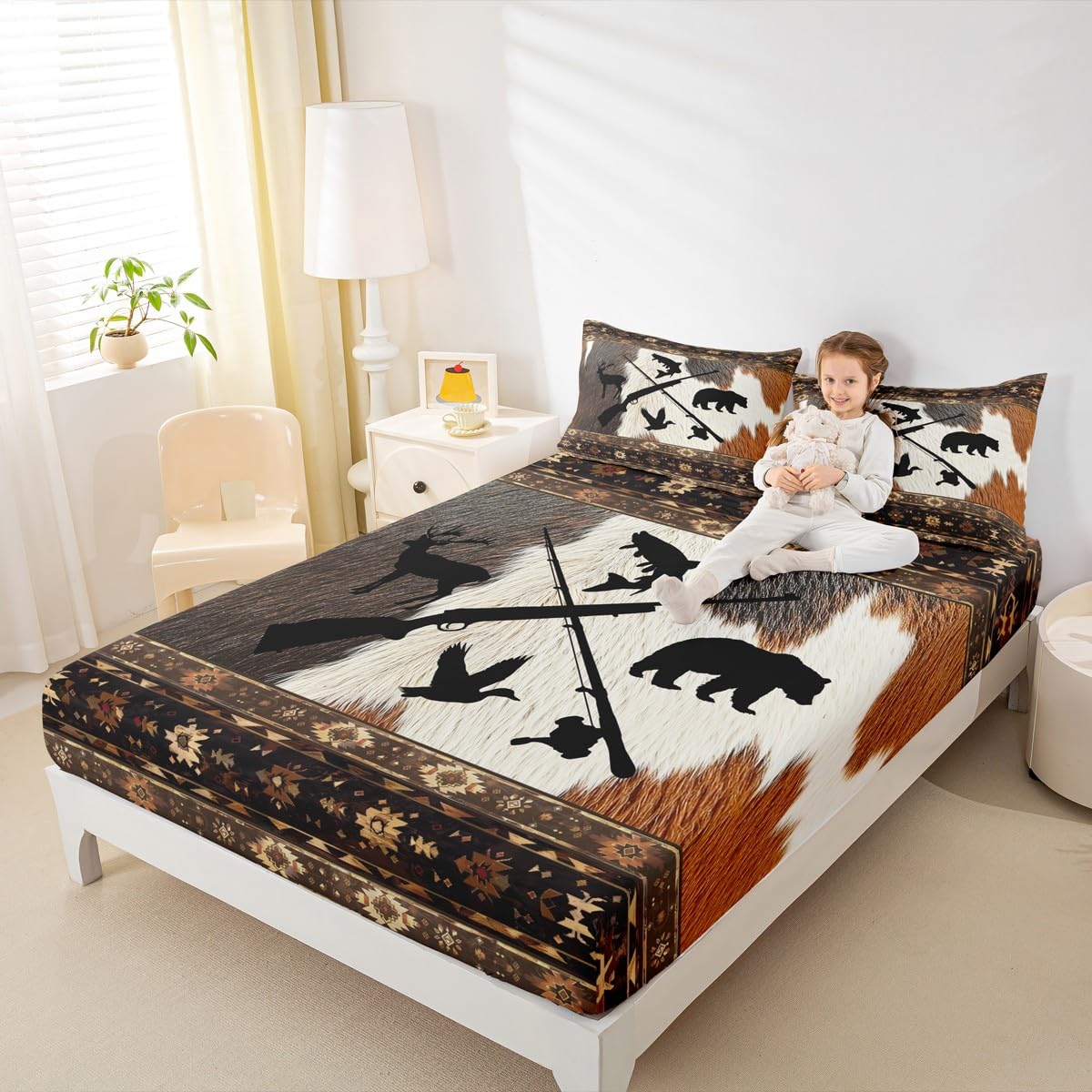 Homewish Juego de sábanas bajeras rústicas, tamaño King, estilo casa de campo, estilo casa de campo, estampado de piel de vaca, oso, ciervo, pez, pato, para niños, adolescentes, niñas, caza, pesca