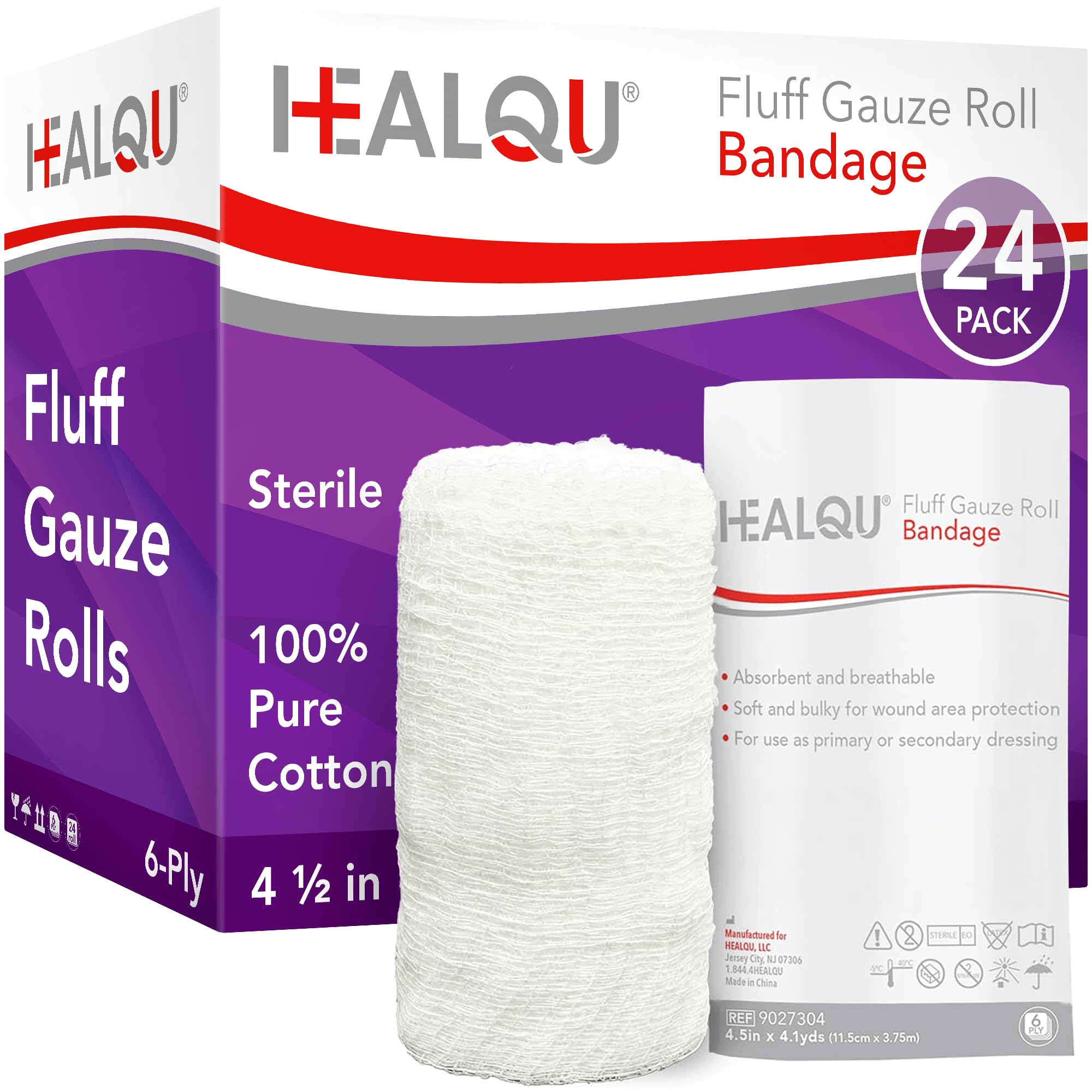 HEALQU Kerlix Type Gauze Bandage Rolls - 4 ½ in x 4.1 Yds, 6 Ply - 24 Single Sterile Pocuhes - Extra Absorbency, Latex Free, Hospital Grade Cotton Krinkle Fluff Bandage Wrap - Wound Care & First Aid