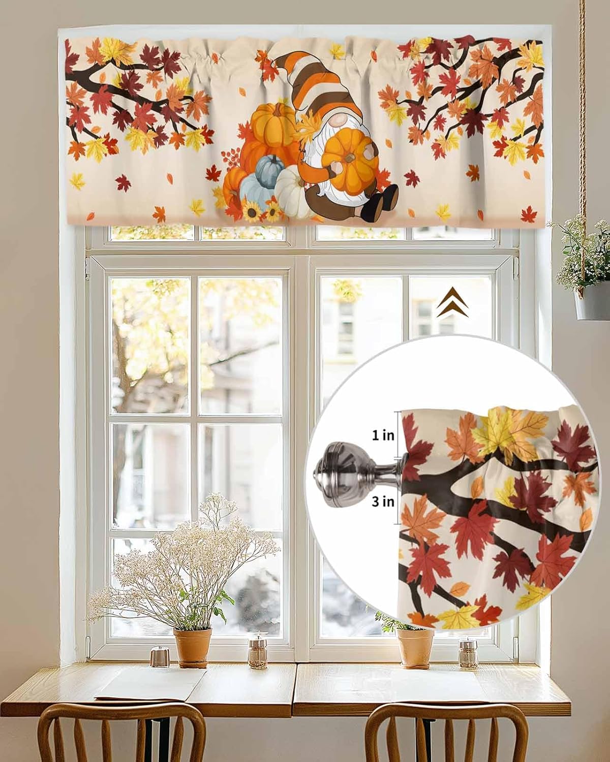 Fall Valances Curtains for Kitchen Thanksgiving Valance Gnome Holding Orange Pumpkin Maple Leaves Kitchen Valance Short Curtains Rod Pocket Window Treatments for Bathroom Bedroom Windows 60x18 Inch