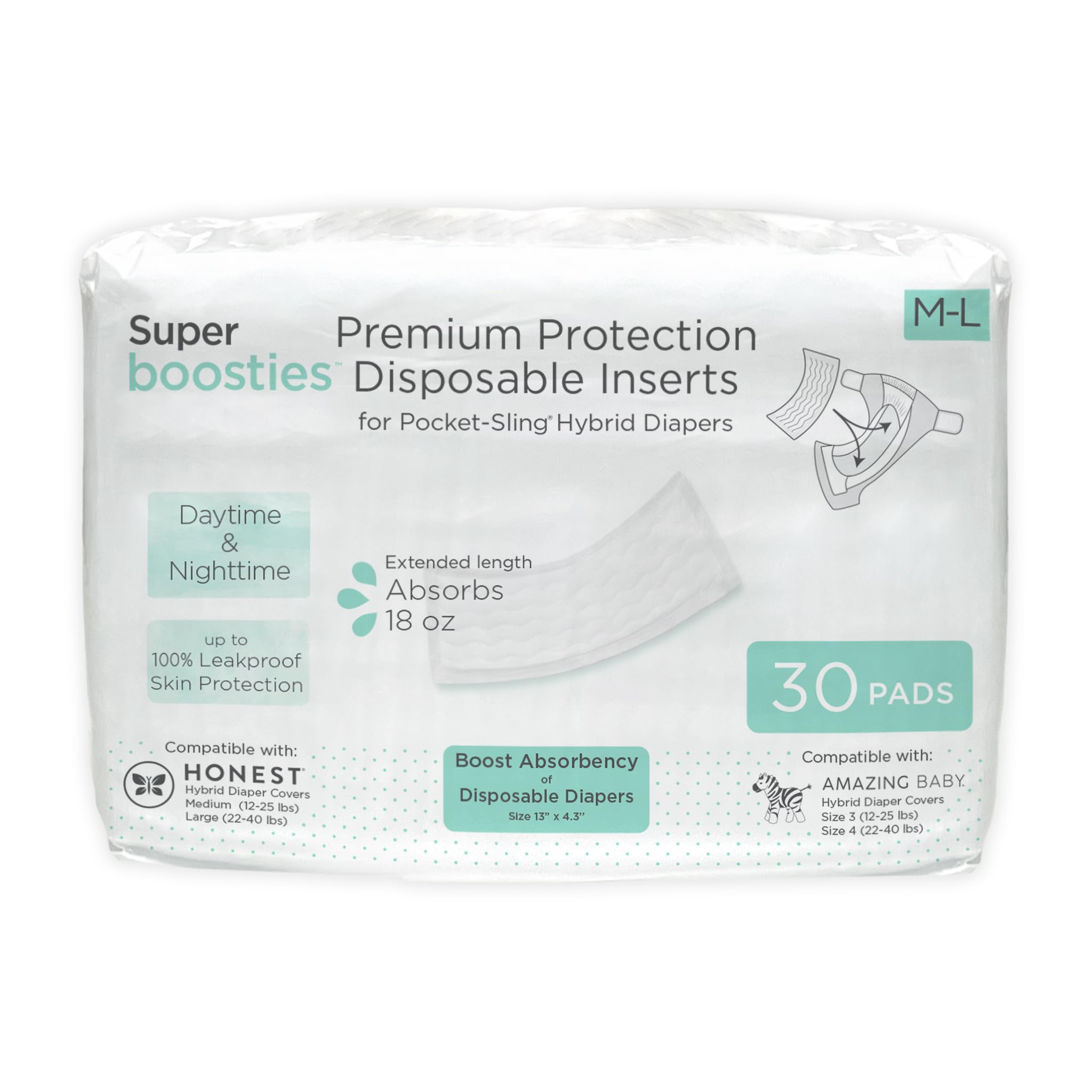 Overnight Diaper Leak Stopper, Super Boosties Disposable Inserts, Use with Pampers Sizes 4-6, Honest Hybrid Diaper Cover Sz Medium/Large, Amazing Baby Cover Sz 3/4, 4.3x13 in, 30 Count