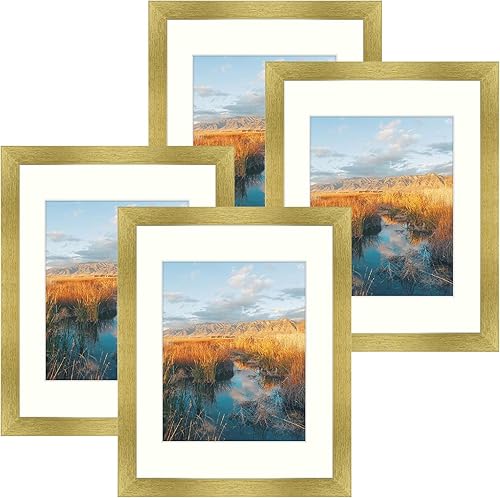 Golden State Art, Portarretratos dorado de 11 x 14 pulgadas con paspartú marfil para mostrar fotos de 8 x 10 pulgadas, cristal real (paquete de 4) disponible en Yaxa Peru