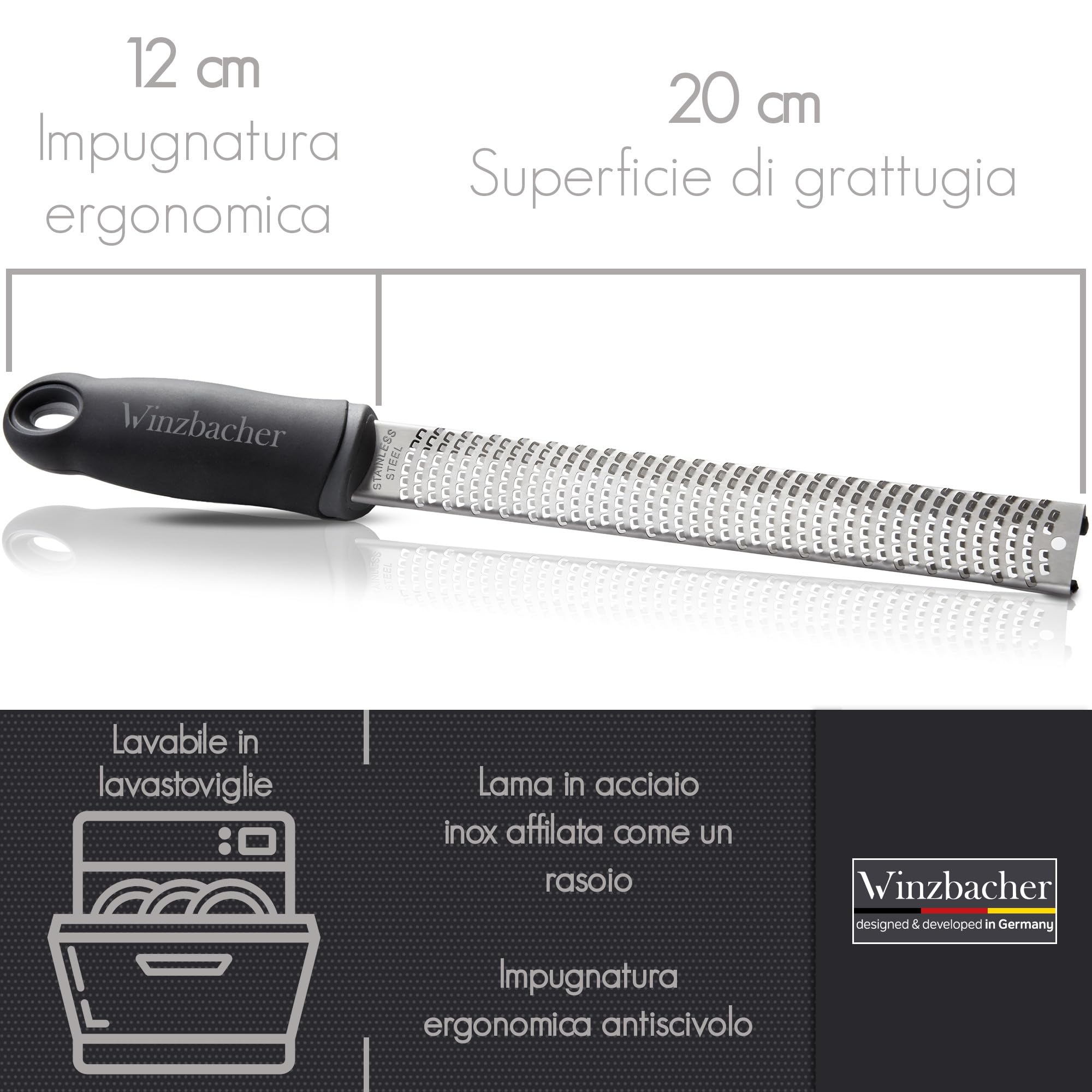Winzbacher – Grattugia Zesteur Multifunzione | Per Parmigiano, Limone, Noce Moscata, Zenzero, Cioccolato, Aglio | Lama in Acciaio Inox Ultra Affilata | Lavabile in Lavastoviglie | Con Spazzola