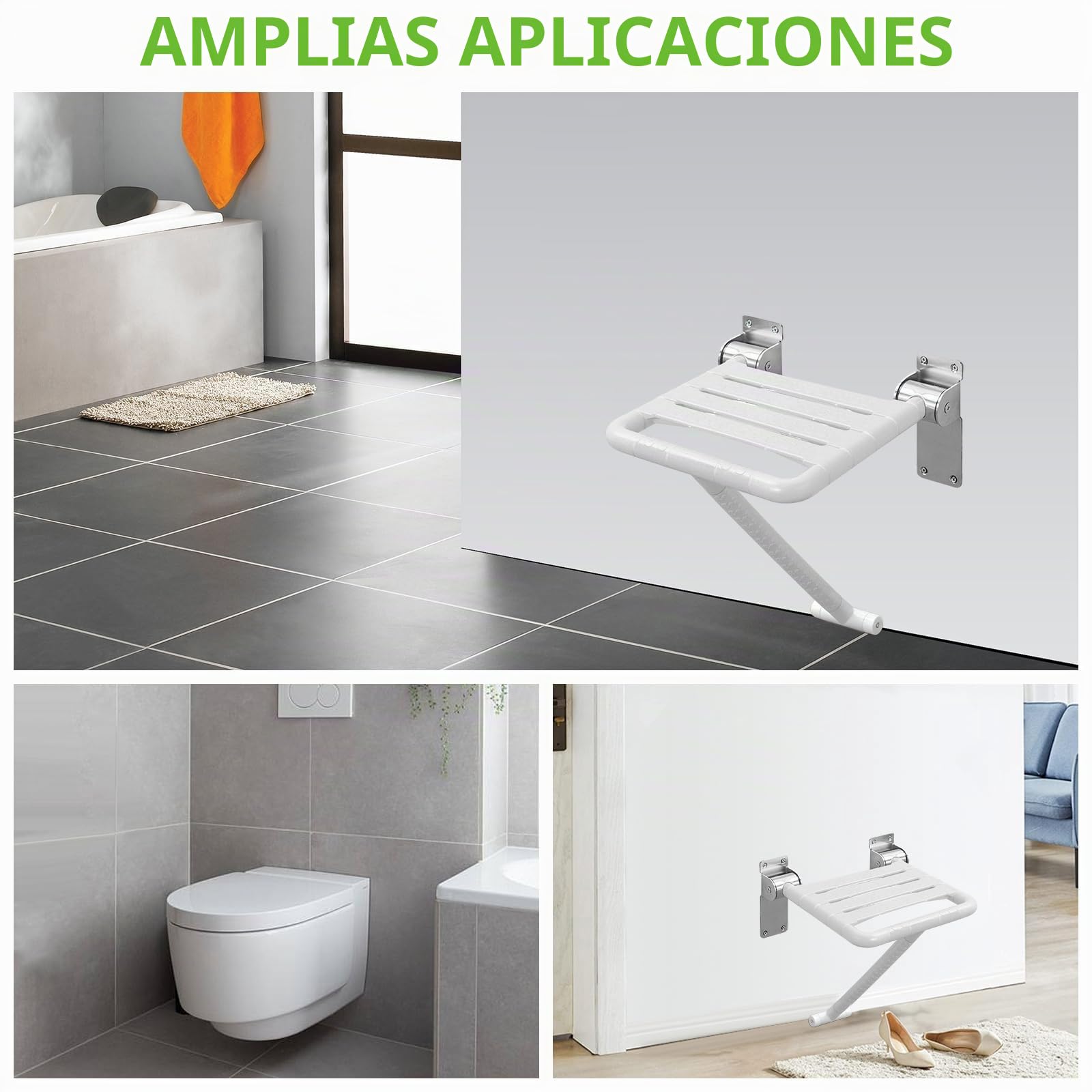 Asiento de ducha plegable montado en pared, con reposabrazos, hasta 200 kg, blanco, acero inoxidable y nailon, BATH_SAFETY_SEATING