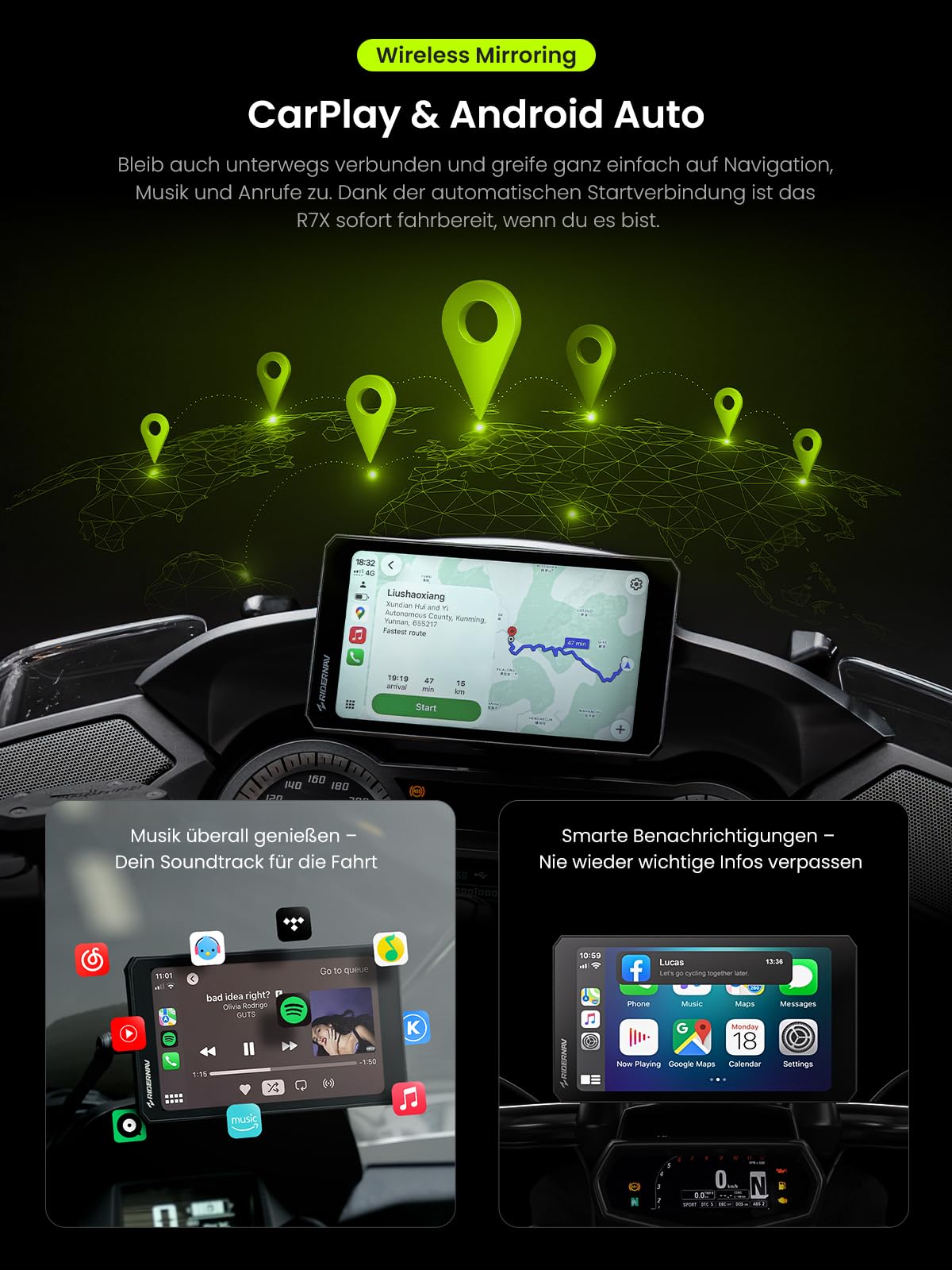 R7X Kabelloses Motorrad-Display für Apple CarPlay & Android Auto, Quick-Release-Halterung, 7" 1200 Nits 60fps Display, IP69K Wasserdicht, Action-Kamera-Steuerung, Universelle Passform