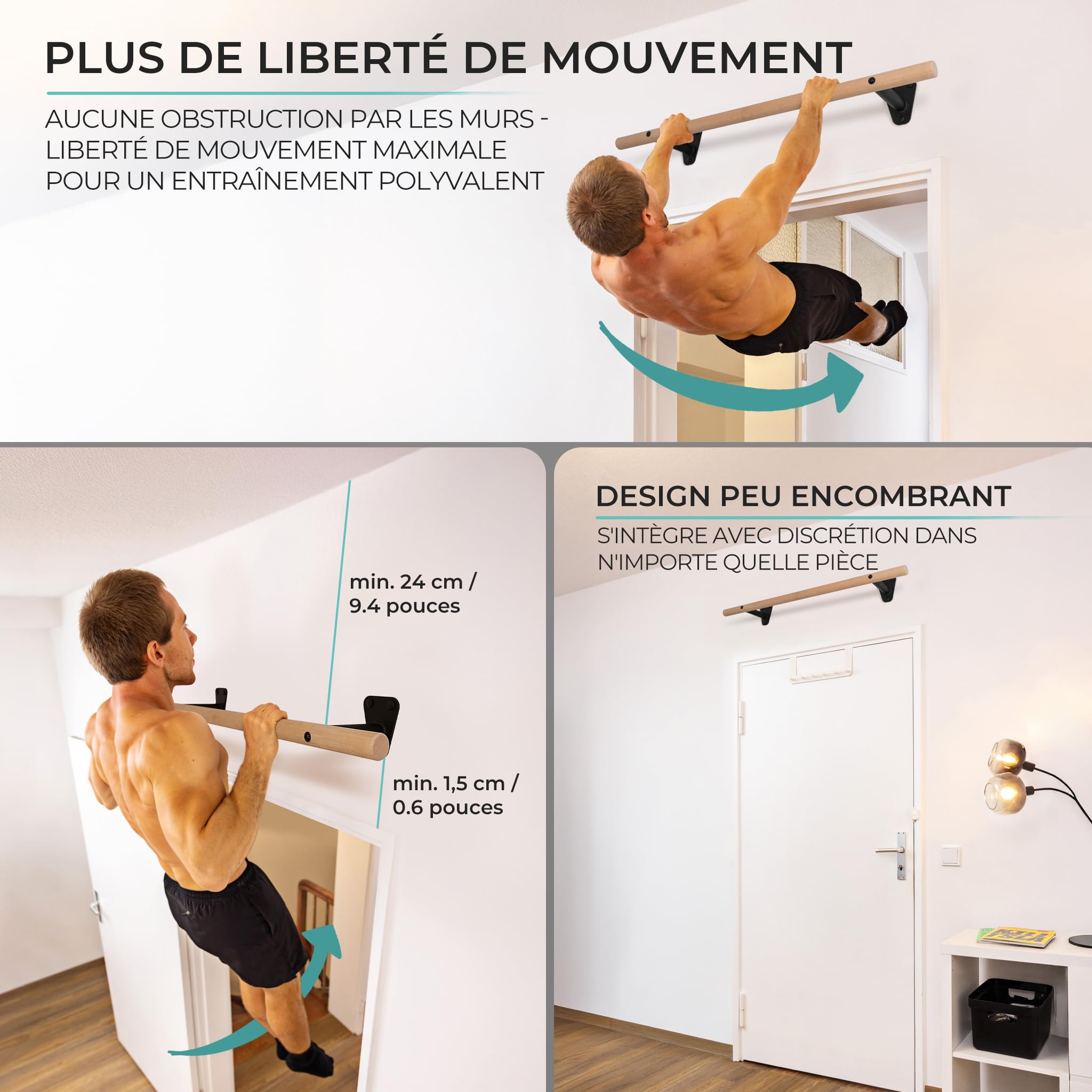 PULLUP & DIP Barre de traction en bois – Barre en hêtre à fixer au mur au-dessus d’un cadre de porte – Barre 40 mm pour tractions & renforcement de la prise – Barre de traction murale pour home gym