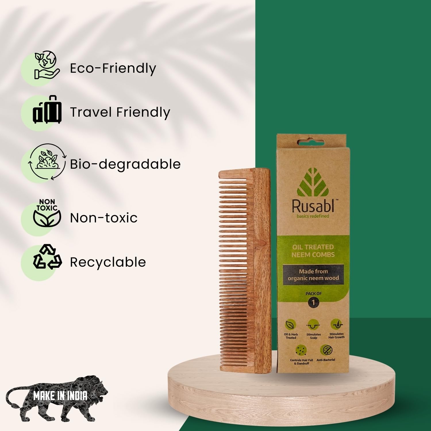 Neem Dual Tooth Comb Without Handle For Men And Women, Pure Neem Wood, 100% Wooden, Comb With Wooden Teeth (Dual tooth), Beige