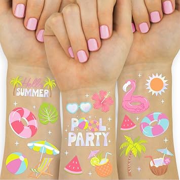 xo, Fetti Pool Party Temporary Tattoos - 68 Iridescent Foil Pcs | Summer Birthday Accessory, Kids Waterpark Party Favor, Cute Beach Activity