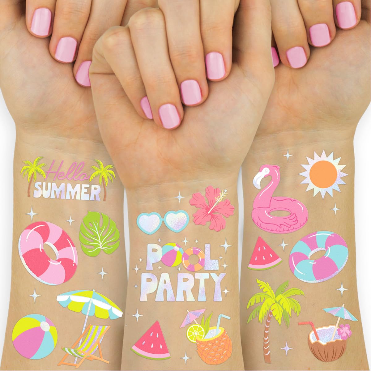 xo, Fetti 68pc Pool Party Temporary Tattoos Foil | Kids Summer Bday Favors Small or Medium