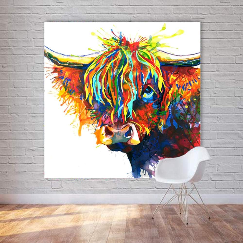 KXKY Highland Cow Animal Oil Painting Colorful Canvas Print Posters Wall Art Decorative Picture For Living Room