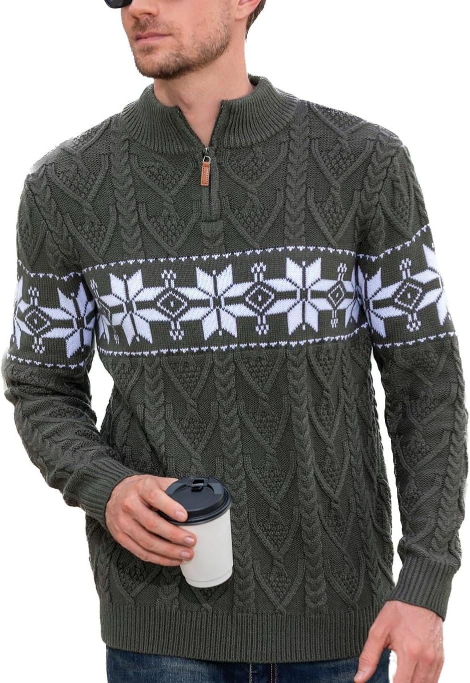 Makkrom Mens Ugly Christmas Sweater Quarter Zip Pullover Long Sleeve Snowflake Mock Neck Soft Knitted Sweaters