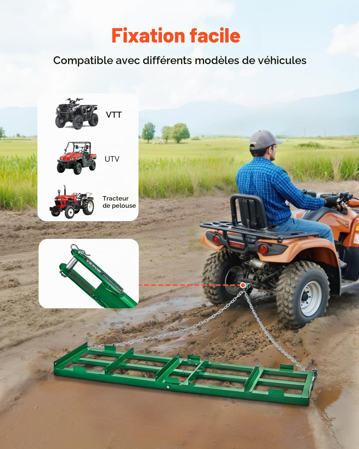 VEVOR Herse Traînée 1830 x 500 mm Râteau Niveleur Remorquable d'Allée avec Barres et Chaîne 1830 mm, Niveleuse d'Allée de Gravier, Outil de Nivellement, pour VTT, UTV, Tracteur de Pelouse de Jardin