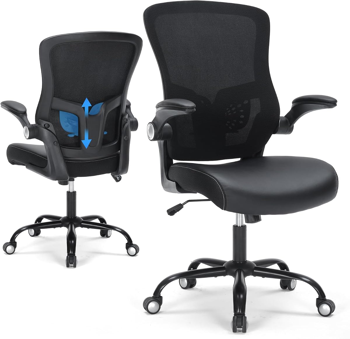 Silla de Oficina, Silla de Escritorio Ergonómica con Soporte Lumbar Ajustable Silla Giratoria de Malla Transpirable para Computadora con Reposabrazos Abatibles y Cojín de Cuero PU, Cómoda Silla de Trabajo para Oficina en Casa, Negro