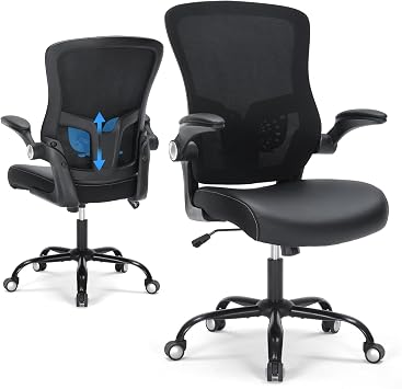 Office Chair, Ergonomic Desk Chair with Adjustable Lumbar Support Breathable Mesh Computer Swivel Chair with Flip up Armrests & PU Leather Cushion, Comfy Task Chair for Home Office, Black