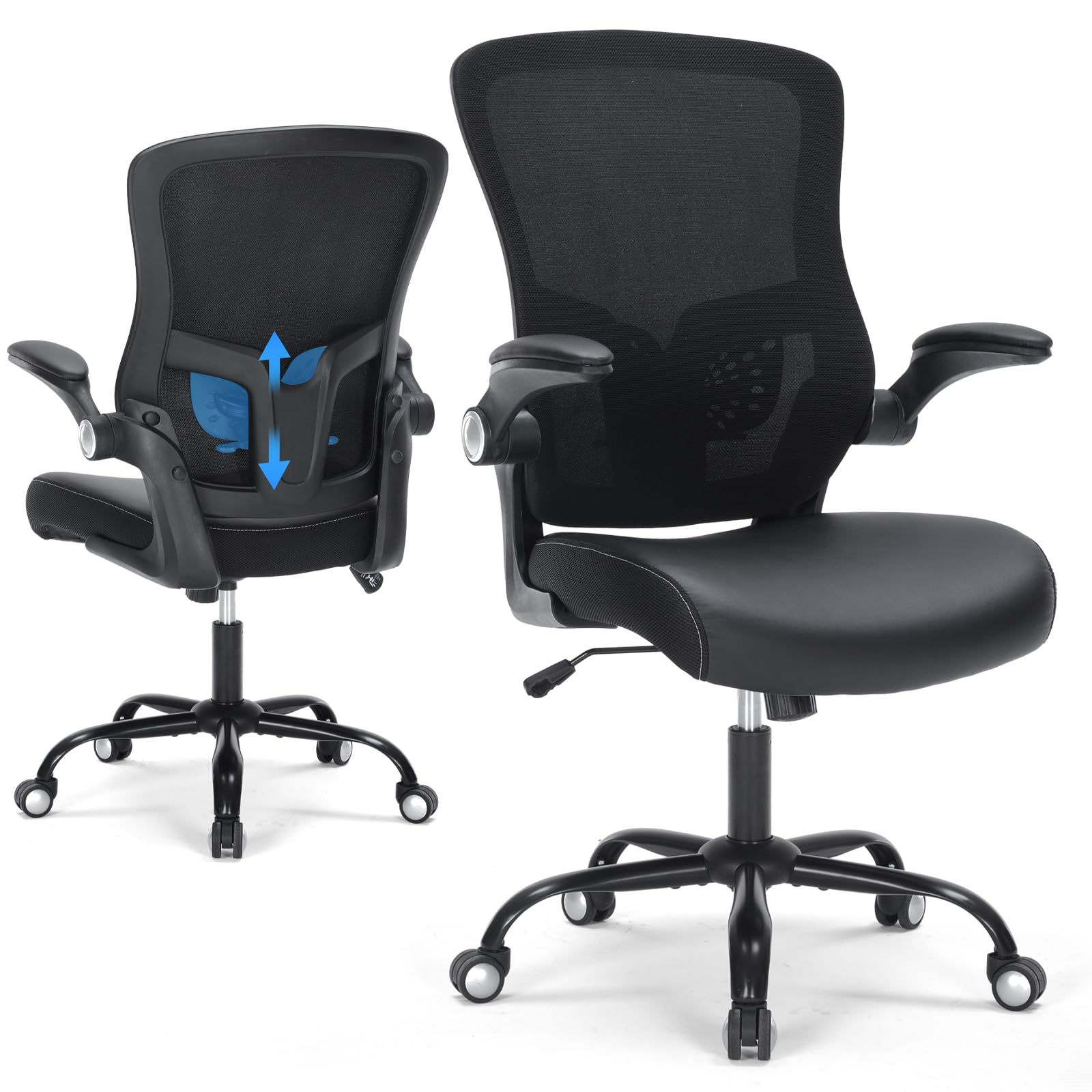 Office Chair, Ergonomic Desk Chair with Adjustable Lumbar Support Breathable Mesh Computer Swivel Chair with Flip up Armrests & PU Leather Cushion,