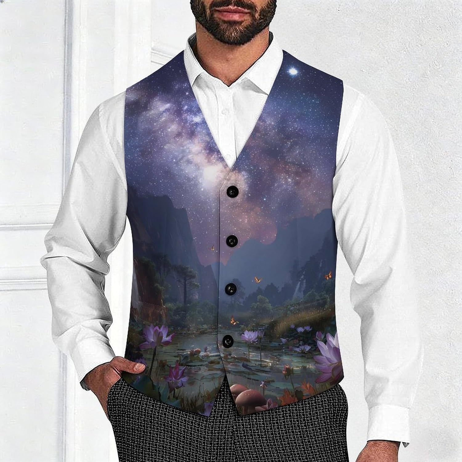 Galaxy Mountain Landscape Men's Suit Vest Formal Vests Casual Dress Fit Waistcoat Casual Tuxedo for Business