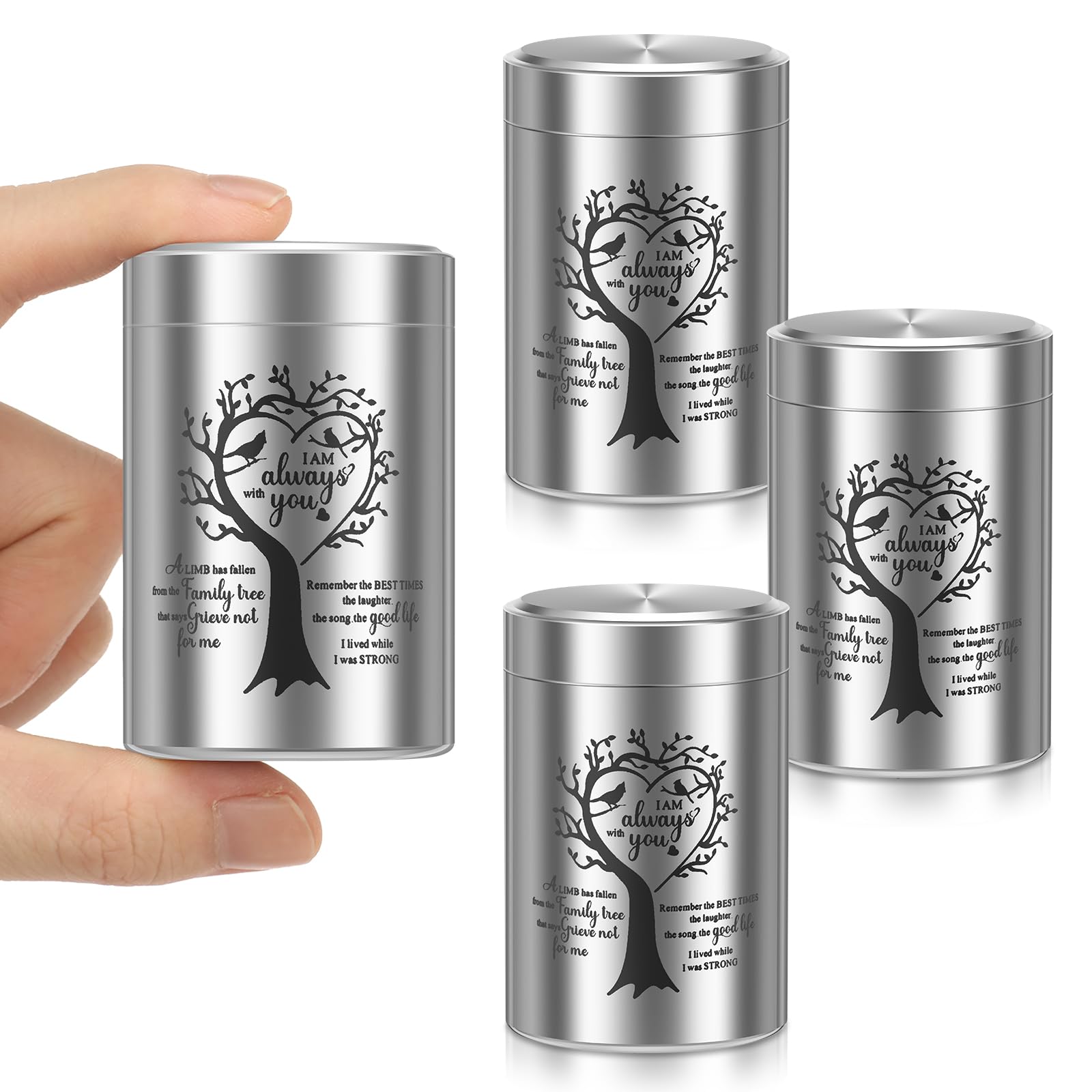 4 Pack Small Urns for Human Ashes Keepsake Tree of Life Mini Cremation Urns for Ashes, Aluminum Alloy Sharing Memorial Urn for Pet Dog Cat Ash, Tiny Funeral Jar with Secure Screw Lid(Silver 1,4Pcs)