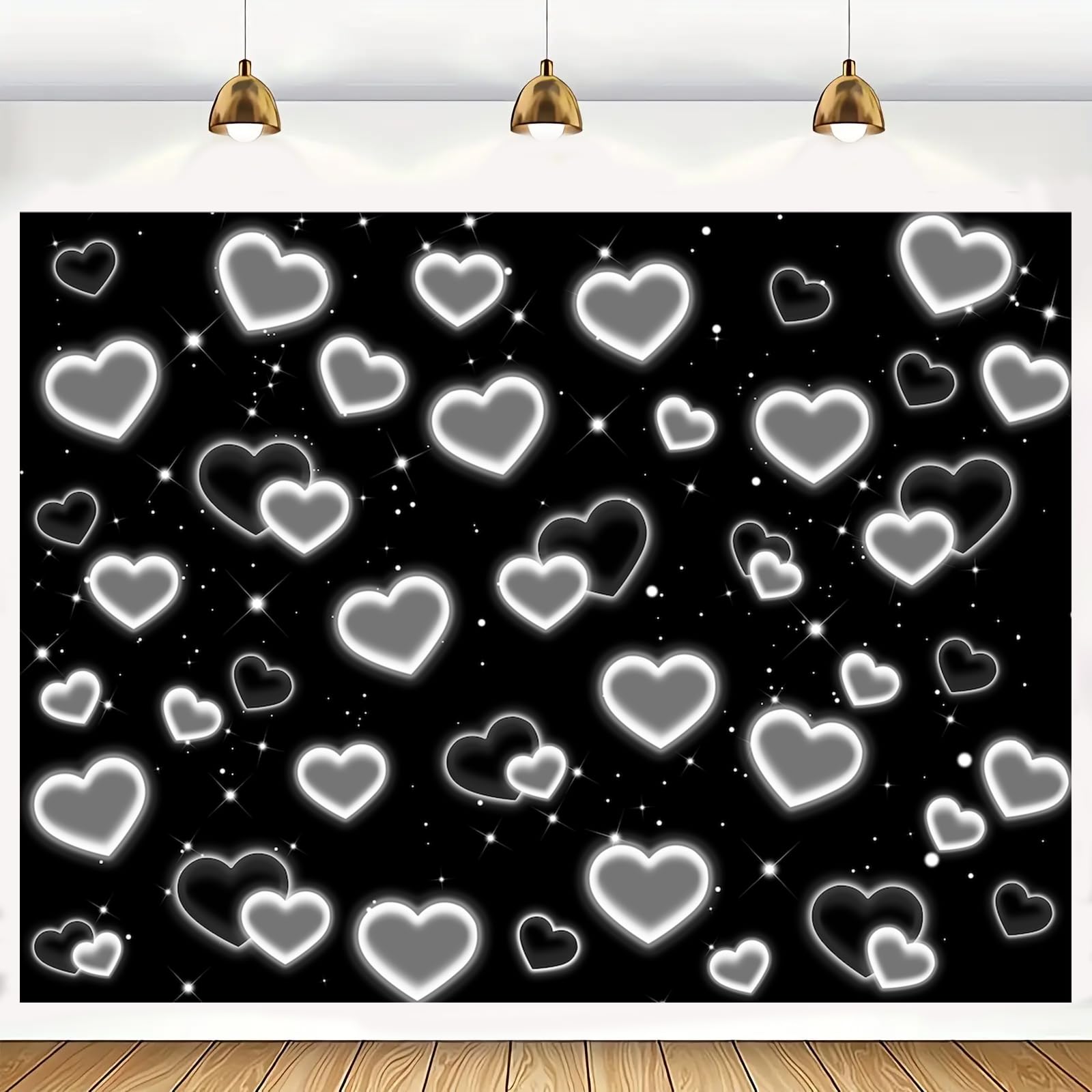Telón de fondo de corazón negro de los años 90, decoración de fiesta de los años 2000, fondo del día de San Valentín, pancarta de cumpleaños número 16 para niñas y mujeres, compromiso, boda, despedida