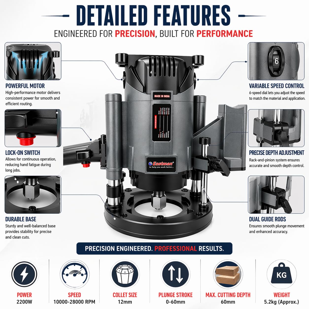 Eastman Electric Router EER-812N (1200W, 230V) High Speed 21000 RPM Woodworking Machine with Dual Bit Capacity (8mm & 12mm) for Precision Grooving & Edging