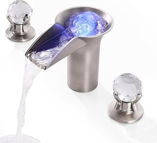 SKOWLL Grifo de baño con LED de cascada de 8 pulgadas, 2 manijas de cristal, grifo de tocador de lavabo, níquel cepillado