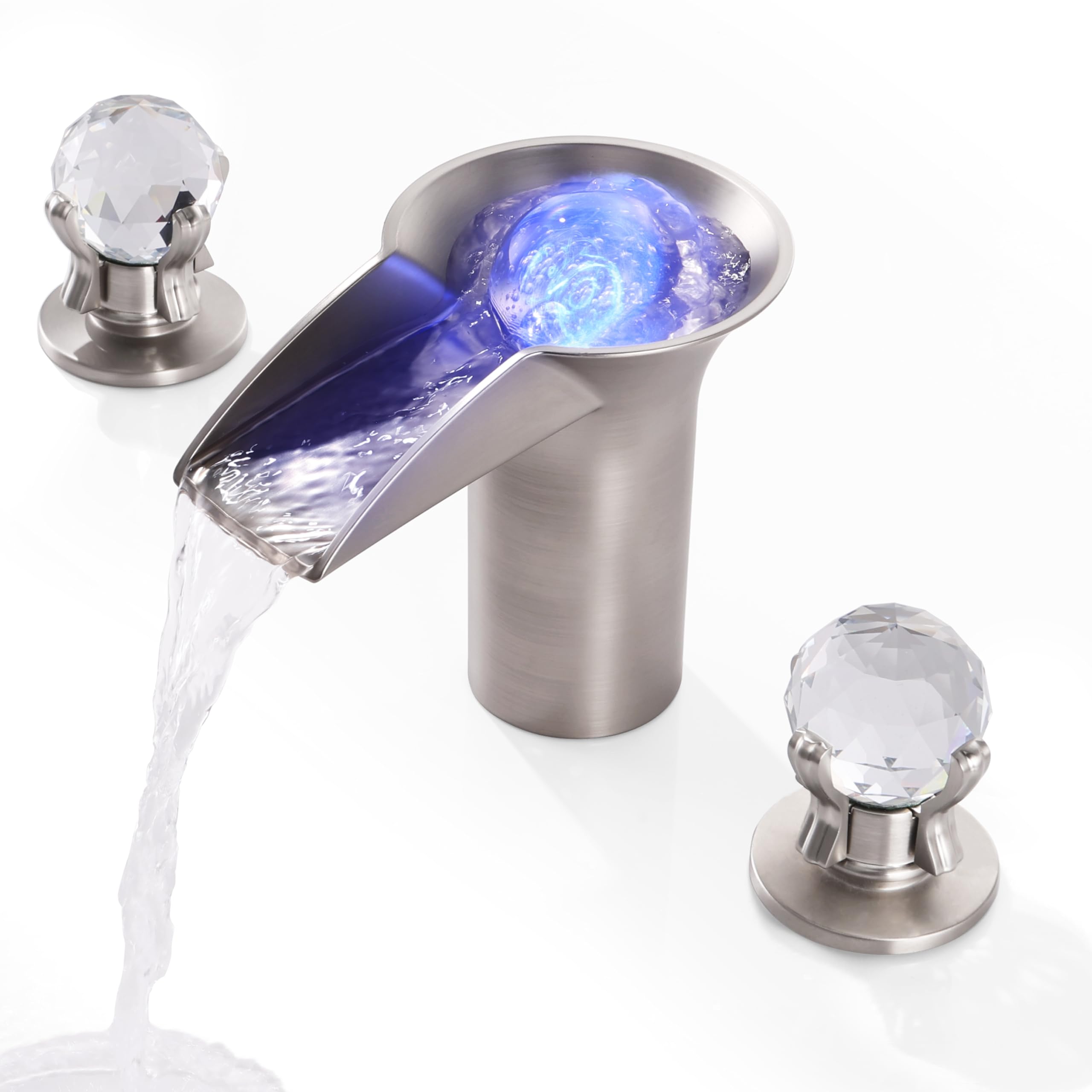 Robinet de lavabo cascade LED SKOWLL anti-traces en nickel brossé pour rénover une vasque 3 trous