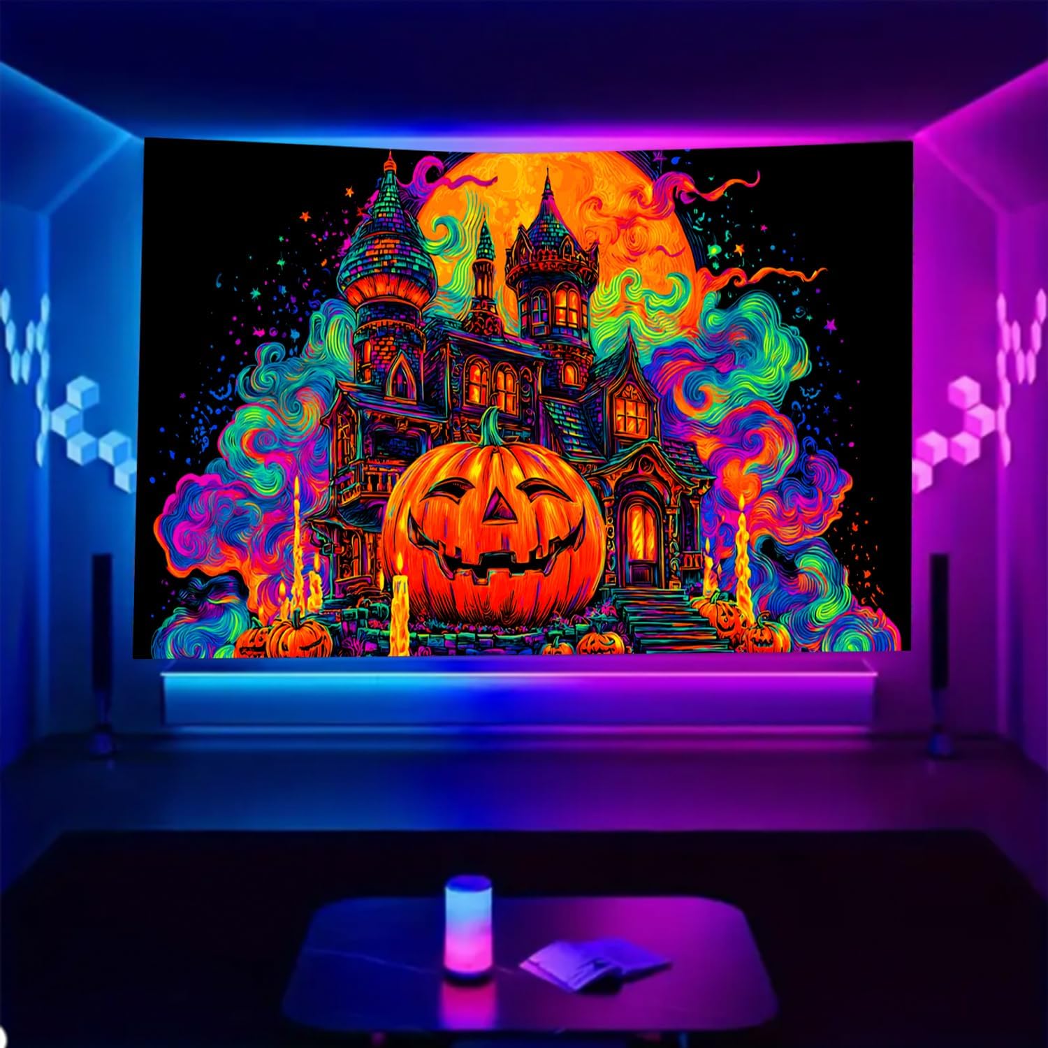 BSFHH Black Light Tapestry – UV Reactive Glow in the Dark Wall Hanging, Spooky Night Scene with Ghosts & Pumpkins, Haunting Home Decor for Parties, Bedroom, or Dorm (Pumpkin, 90L x 70W, Unframed)